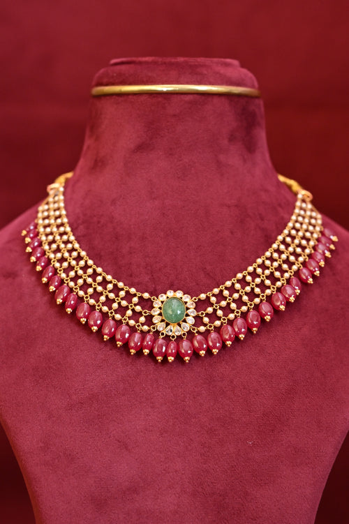 Classic Indian Emerald, Ruby & Gold Bead Choker Set