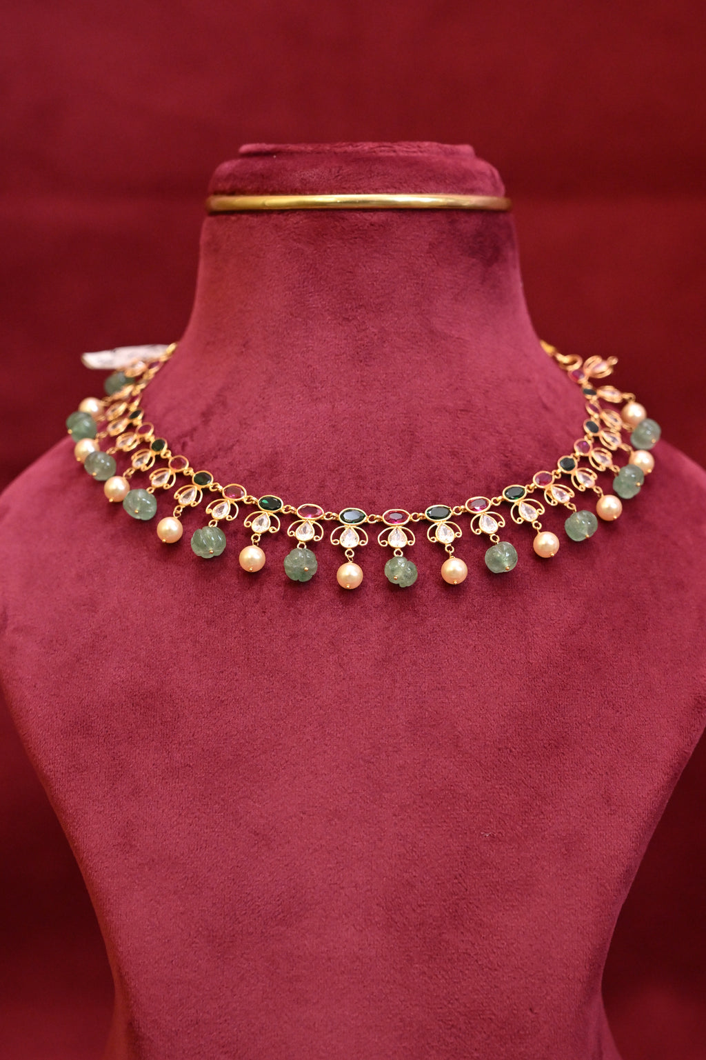 Green Gemstone & Pearl Choker Set