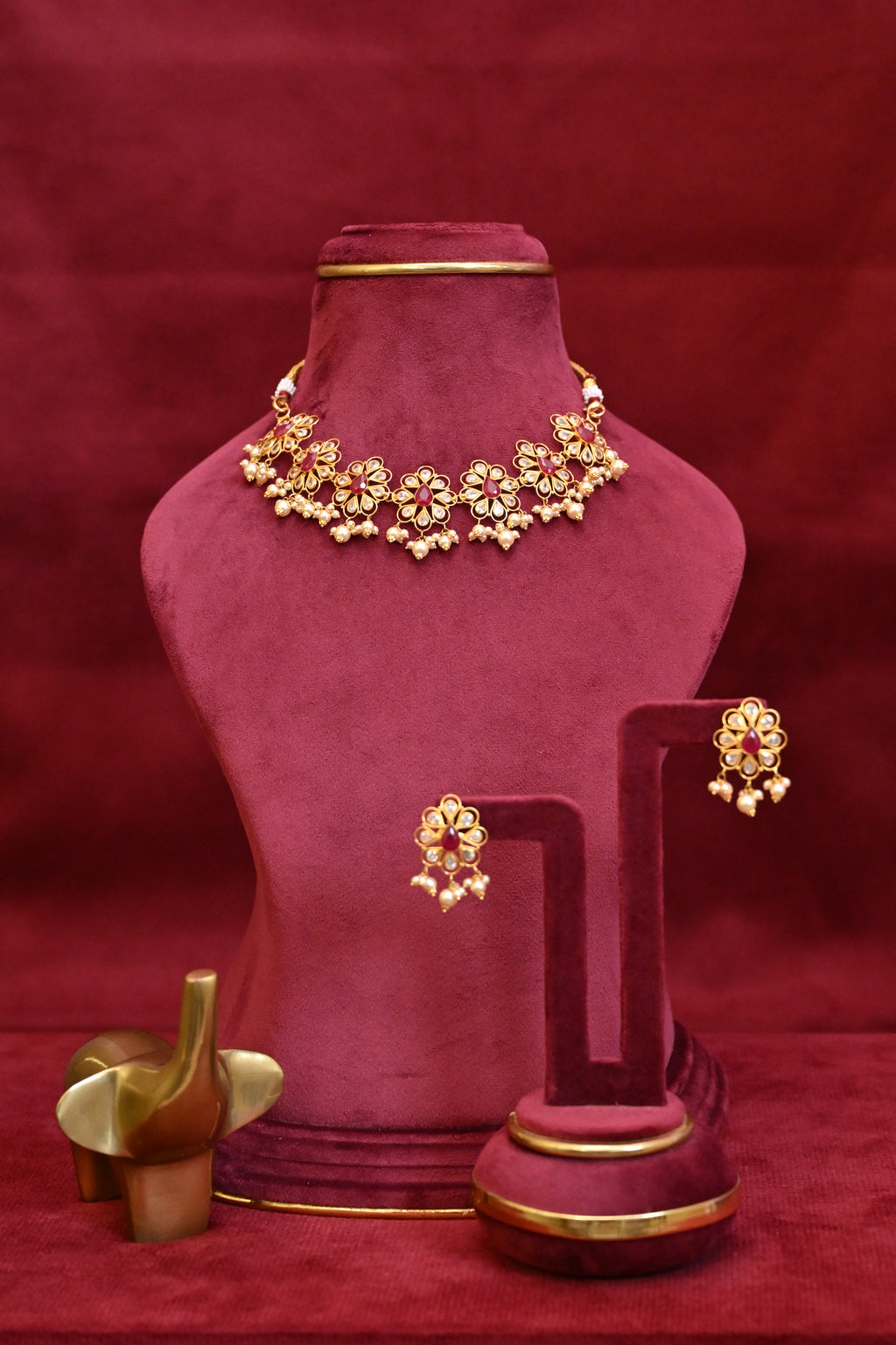 Floral Ruby & Pearl Drop Kundan Necklace Set