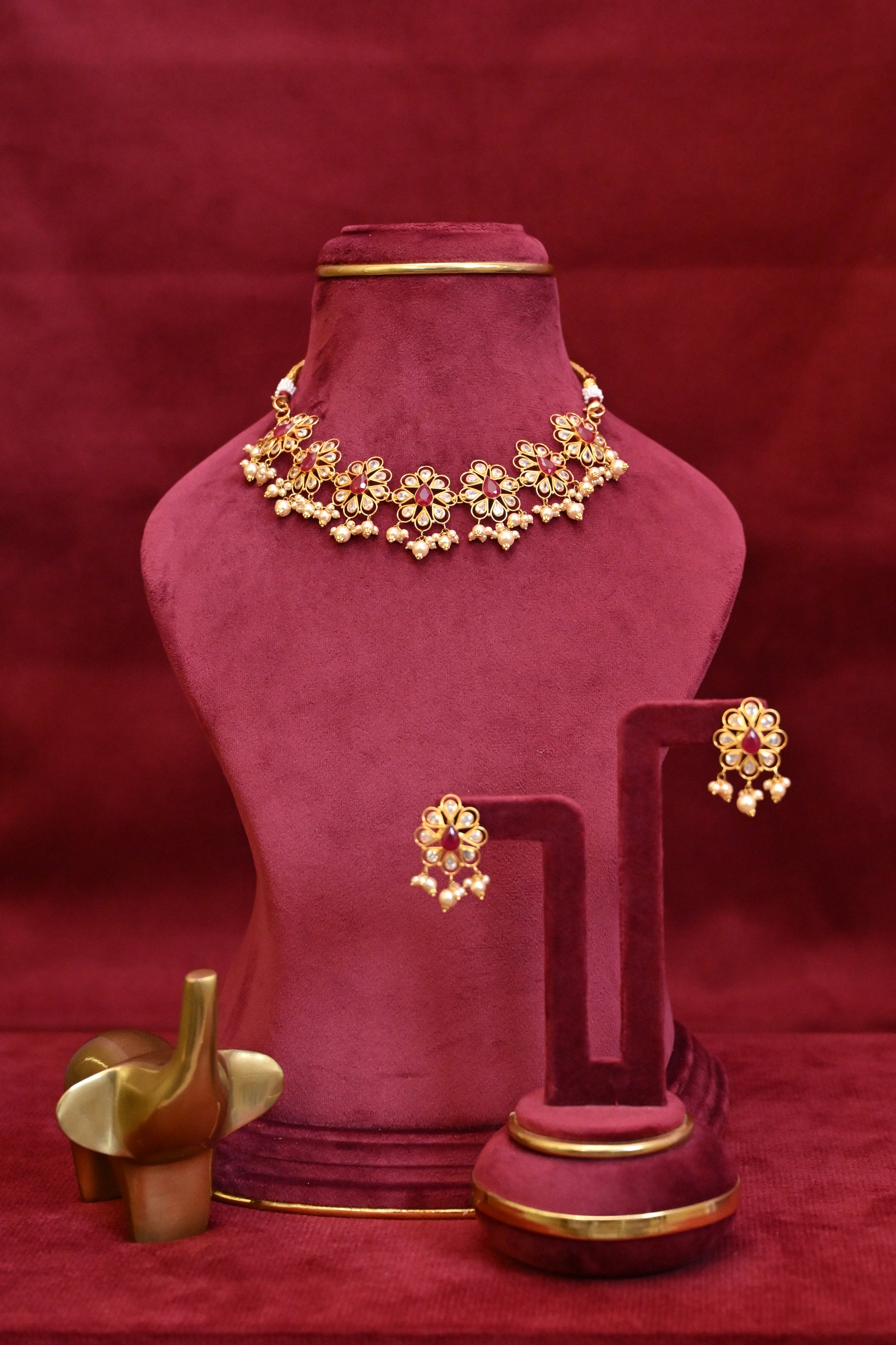 Floral Ruby & Pearl Drop Kundan Necklace Set