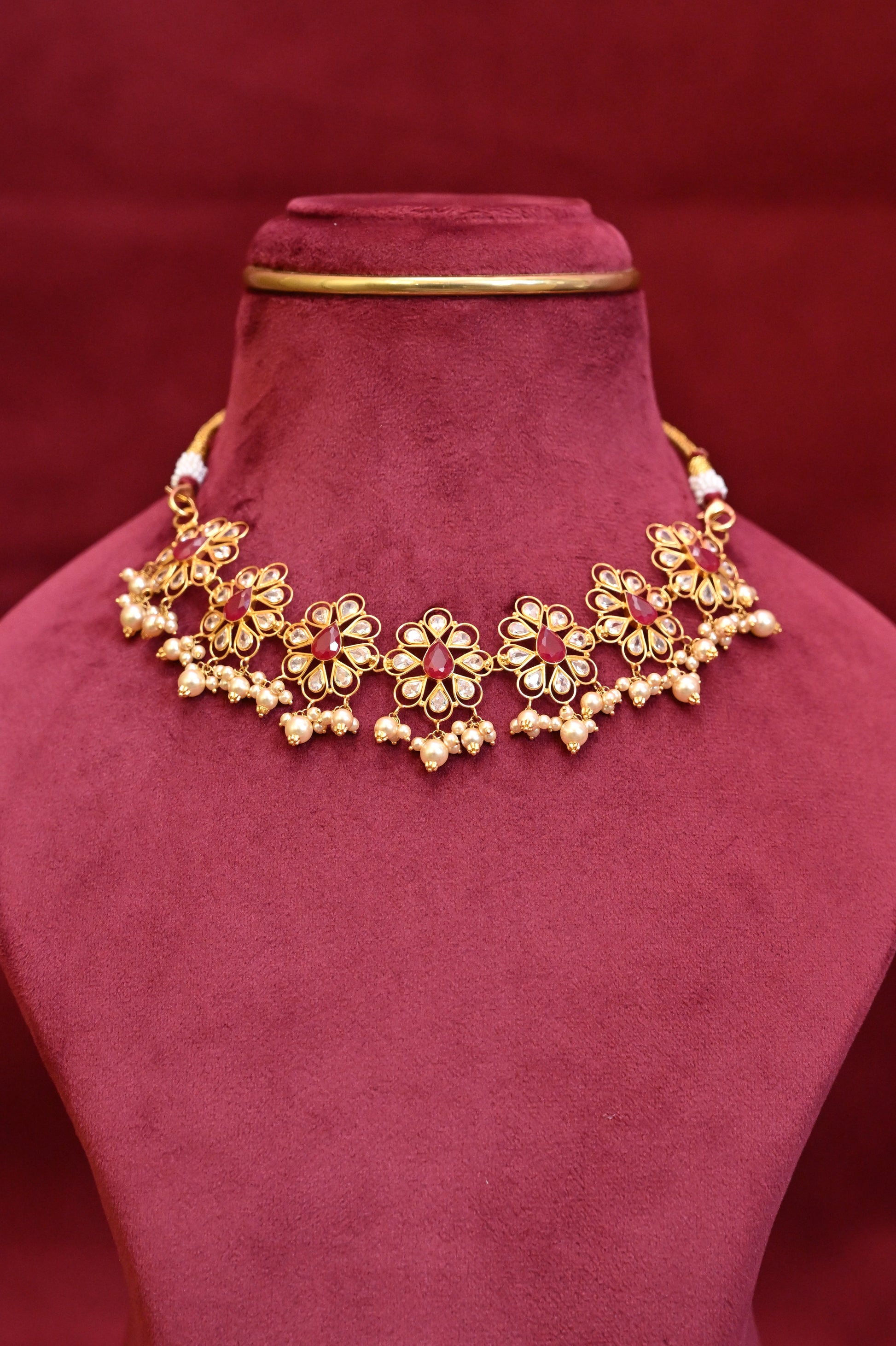 Floral Ruby & Pearl Drop Kundan Necklace Set