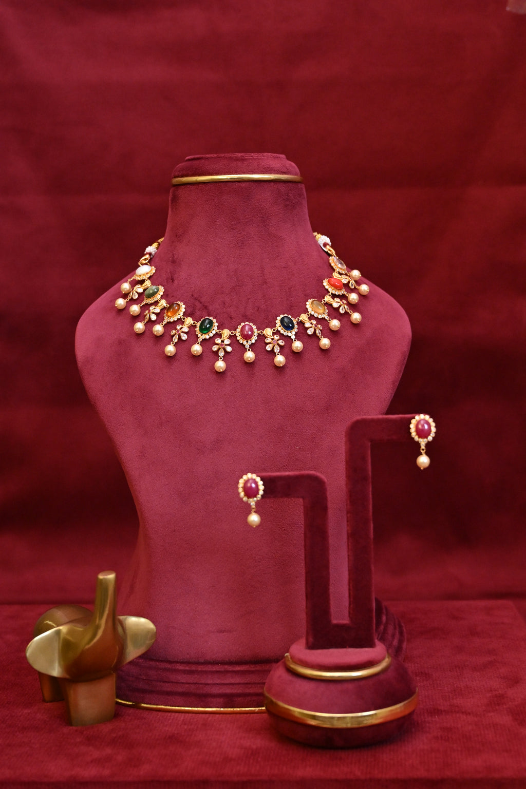 Multi-Gemstone Kundan Necklace Set with Pearl Drops