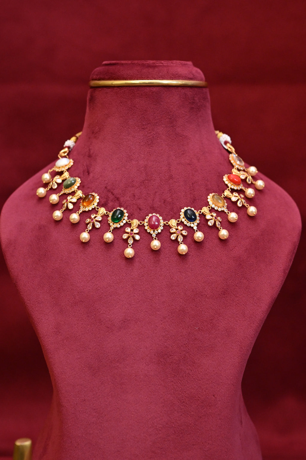 Multi-Gemstone Kundan Necklace Set with Pearl Drops
