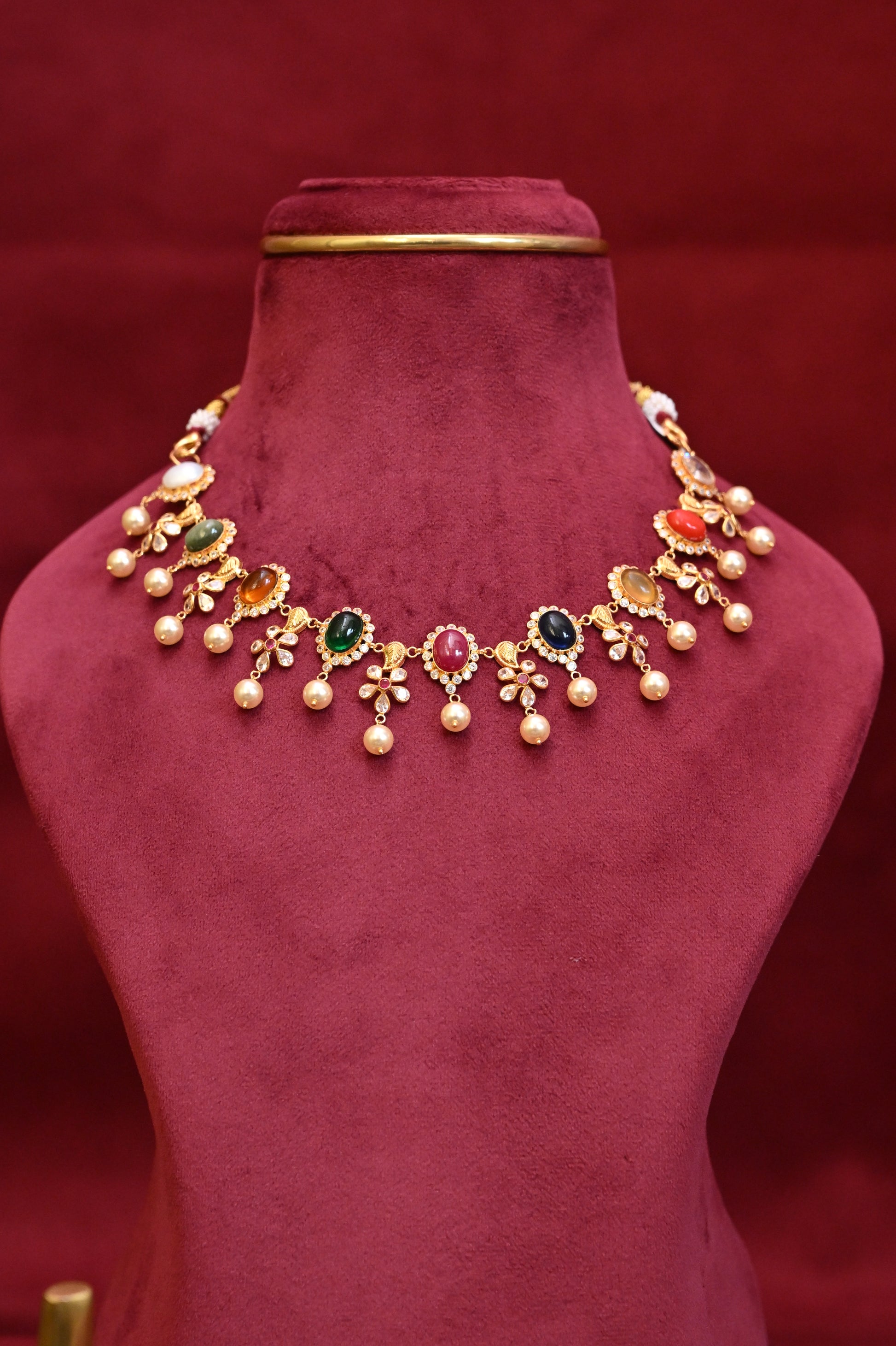 Multi-Gemstone Kundan Necklace Set with Pearl Drops