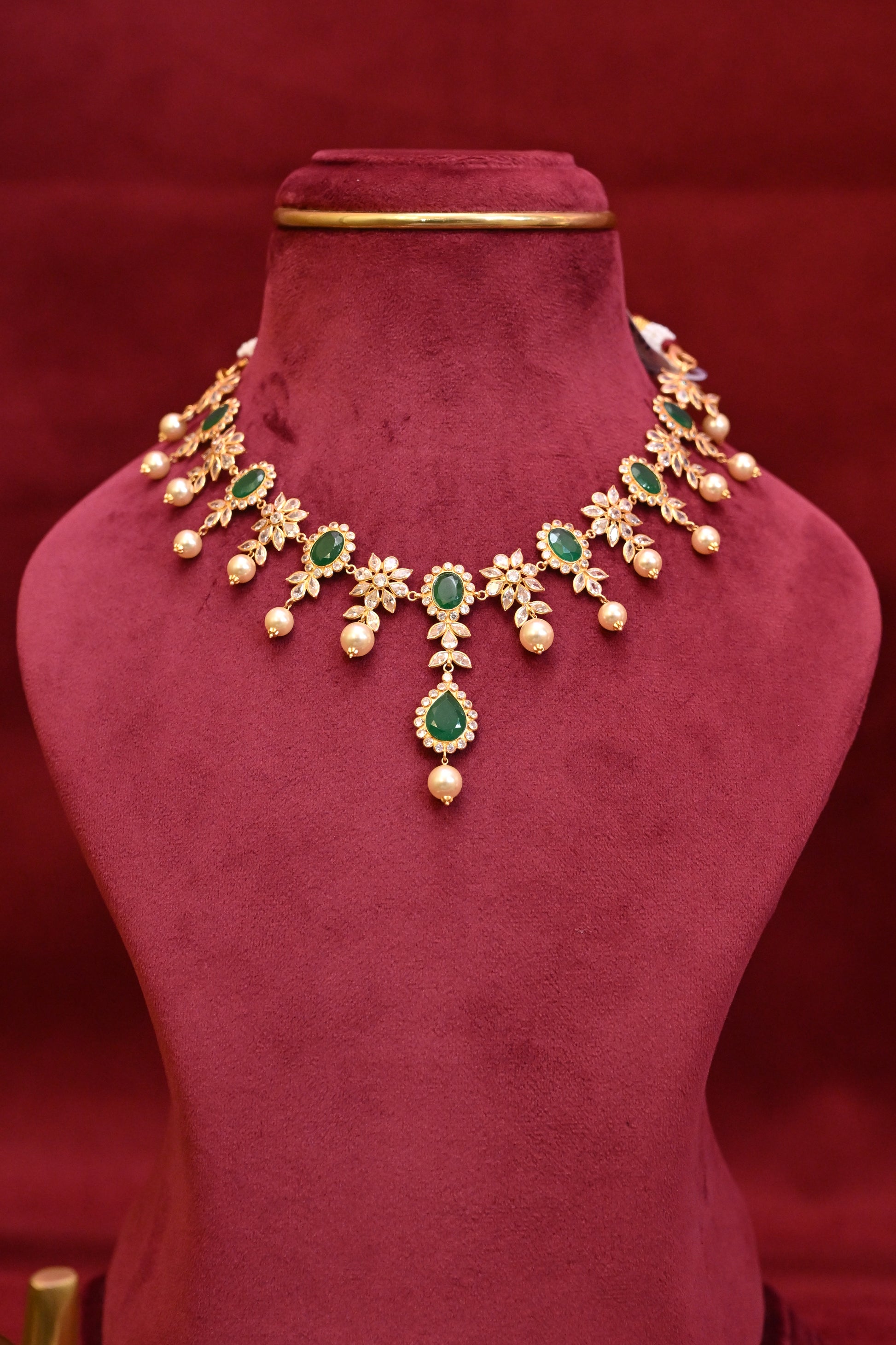 Emerald, Diamond & Pearl Drop Necklace Set