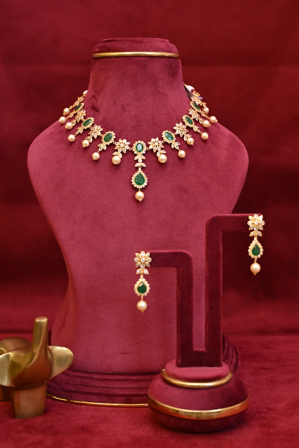 Emerald, Diamond & Pearl Drop Necklace Set