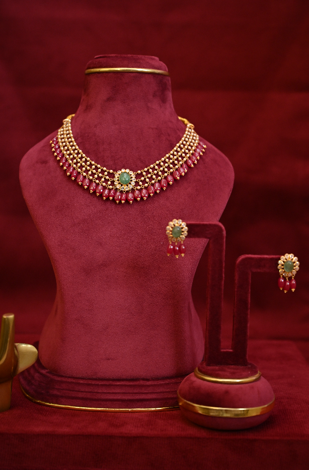 Classic Indian Emerald, Ruby & Gold Bead Choker Set