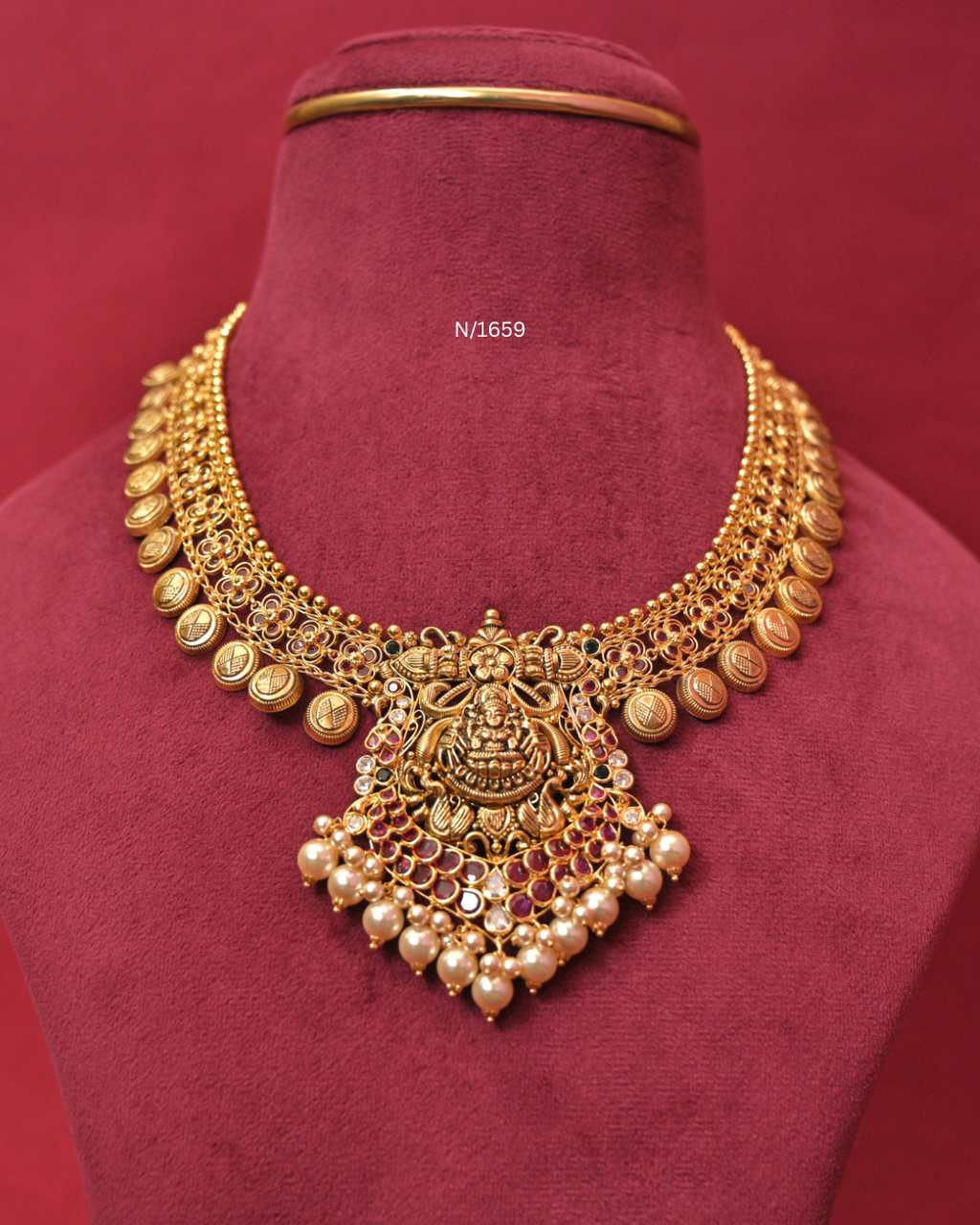 Goddess Lakshmi Kasu Temple Necklace with Rubies, CZ Polki & Pearl Fringe |SKU: N/1659