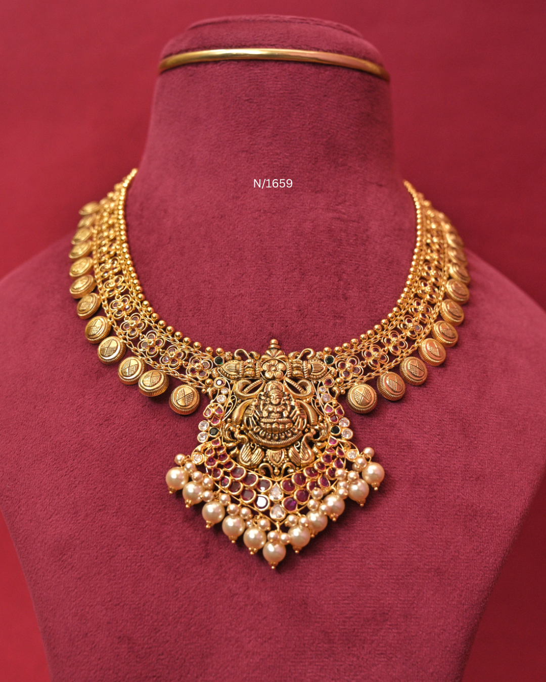 Goddess Lakshmi Kasu Temple Necklace with Rubies, CZ Polki & Pearl Fringe |SKU: N/1659