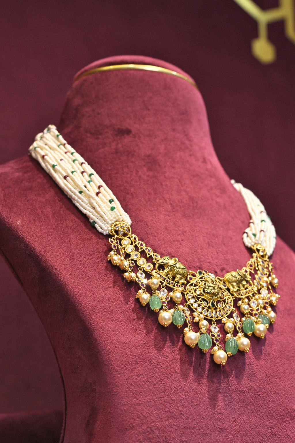 Lakshmi Pearl Multi-Strand Kundan Necklace with Emerald Drops
