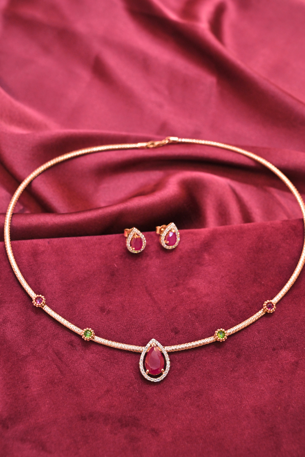 Ruby-Inspired Teardrop Necklace & Stud Earring Set