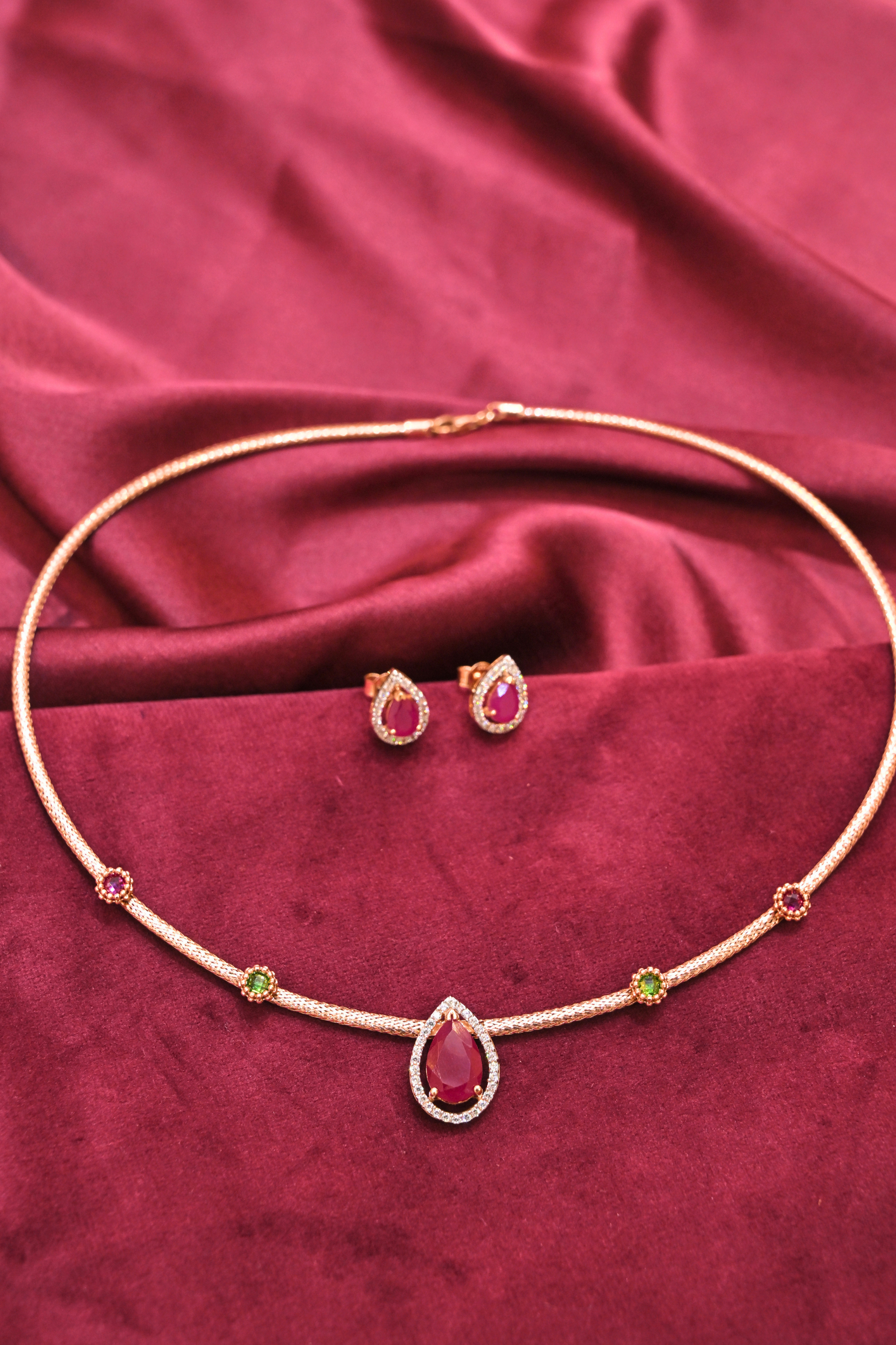Ruby-Inspired Teardrop Necklace & Stud Earring Set