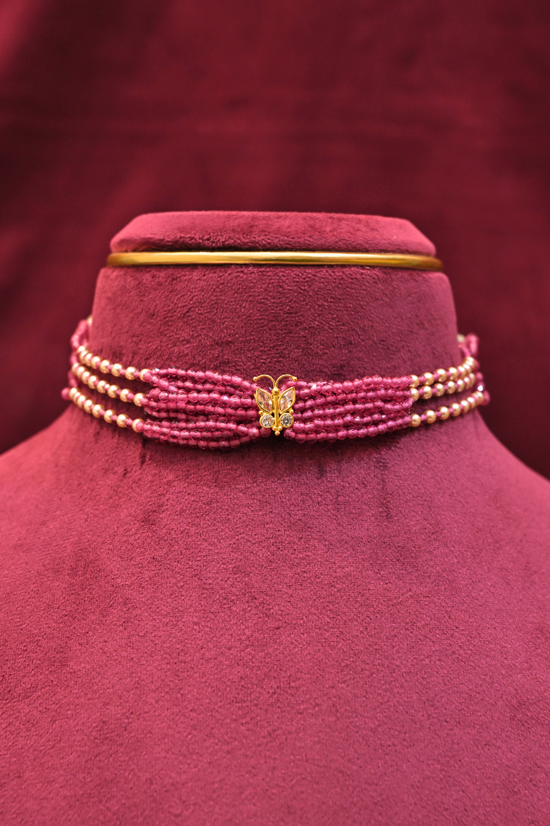 Pink Beaded Butterfly Motif Choker Necklace