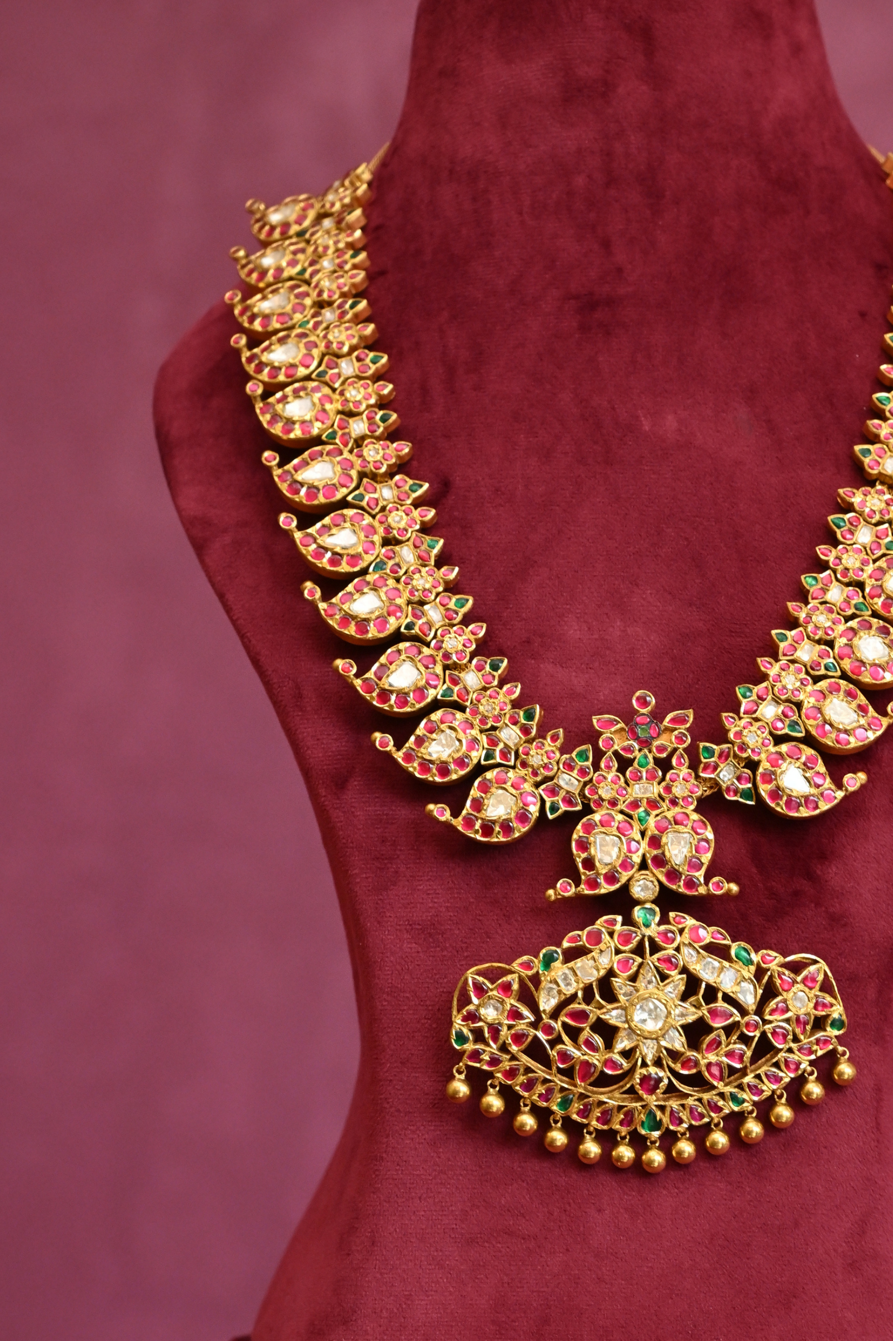 Royal Navratna Kundan Long Haram with Floral Pendant