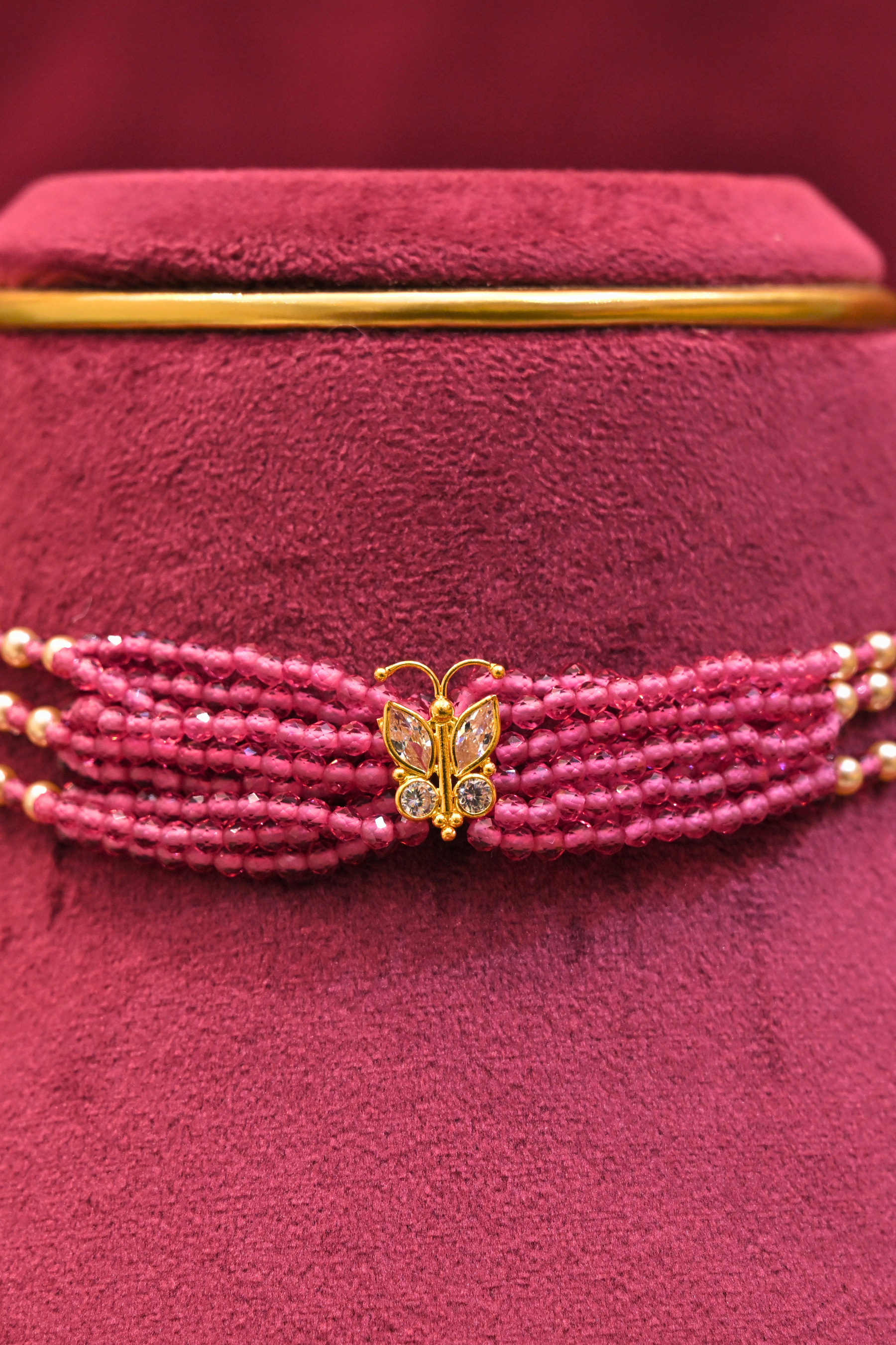 Pink Beaded Butterfly Motif Choker Necklace