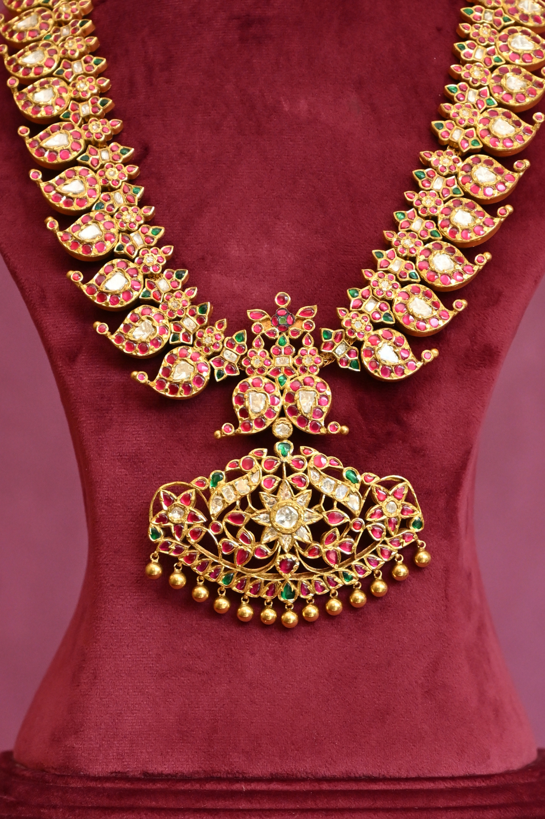 Royal Navratna Kundan Long Haram with Floral Pendant