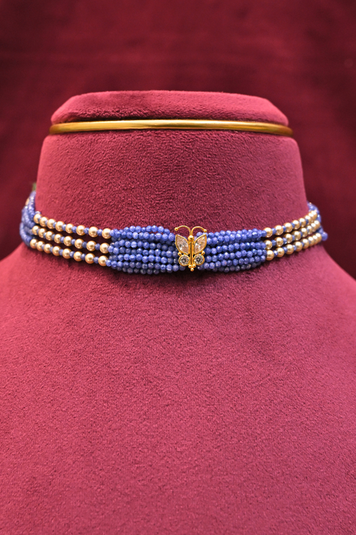 Blue Beaded Butterfly Motif Choker Necklace