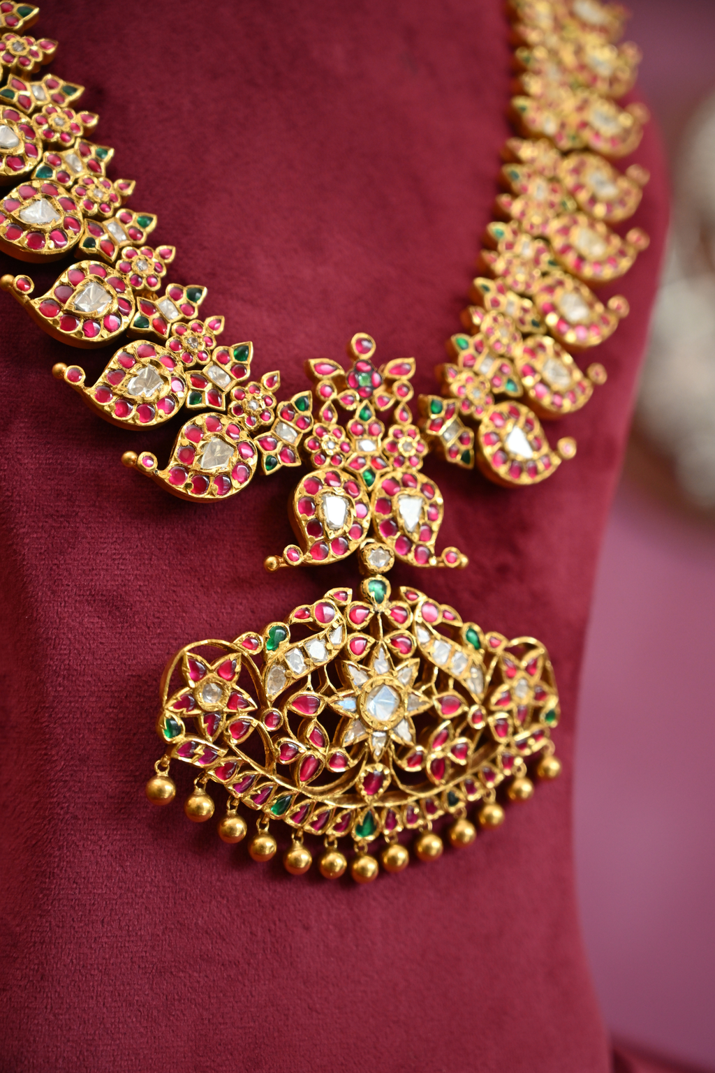 Royal Navratna Kundan Long Haram with Floral Pendant