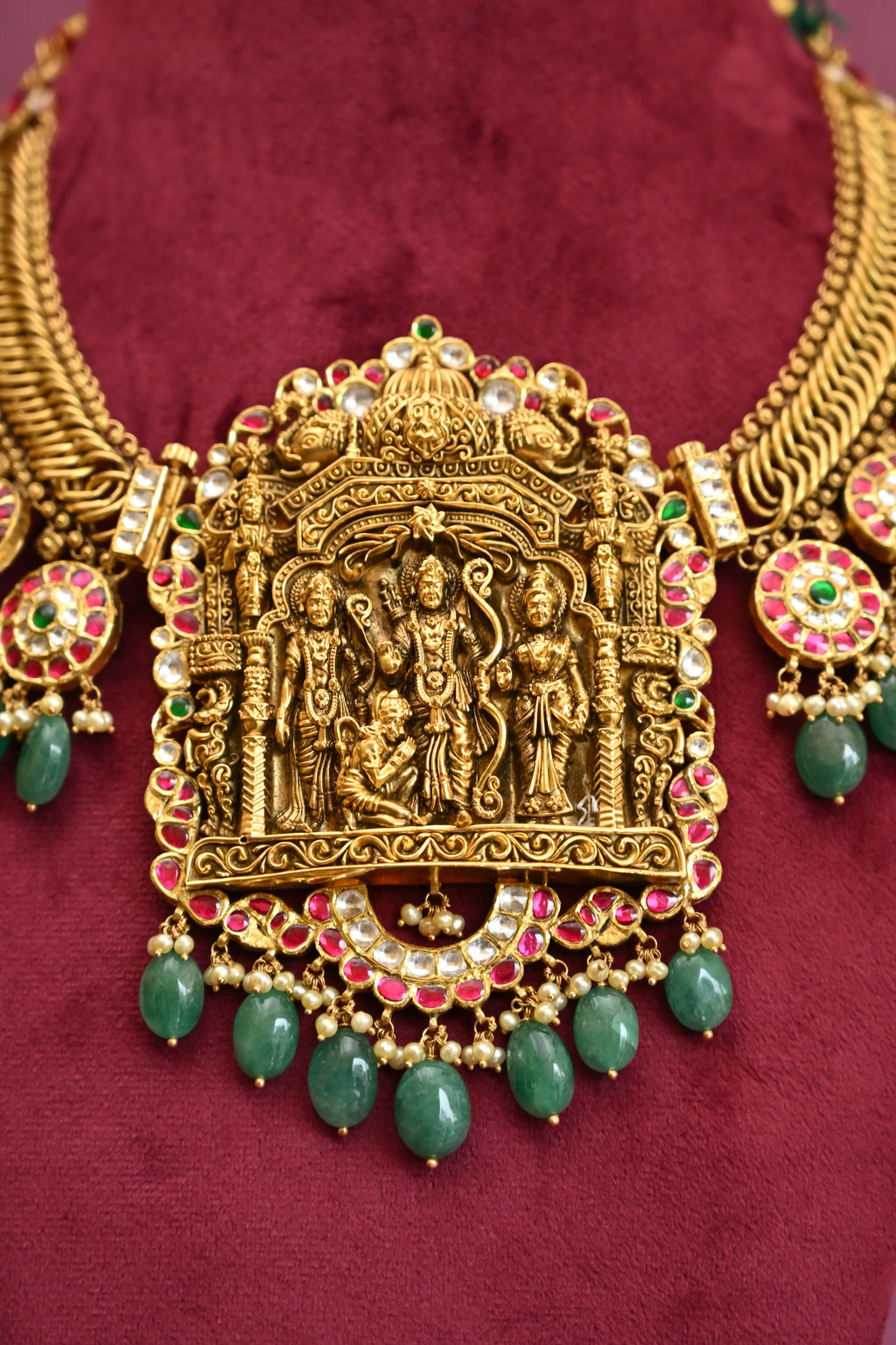 Ram Darbar Temple Necklace with Emerald Drops