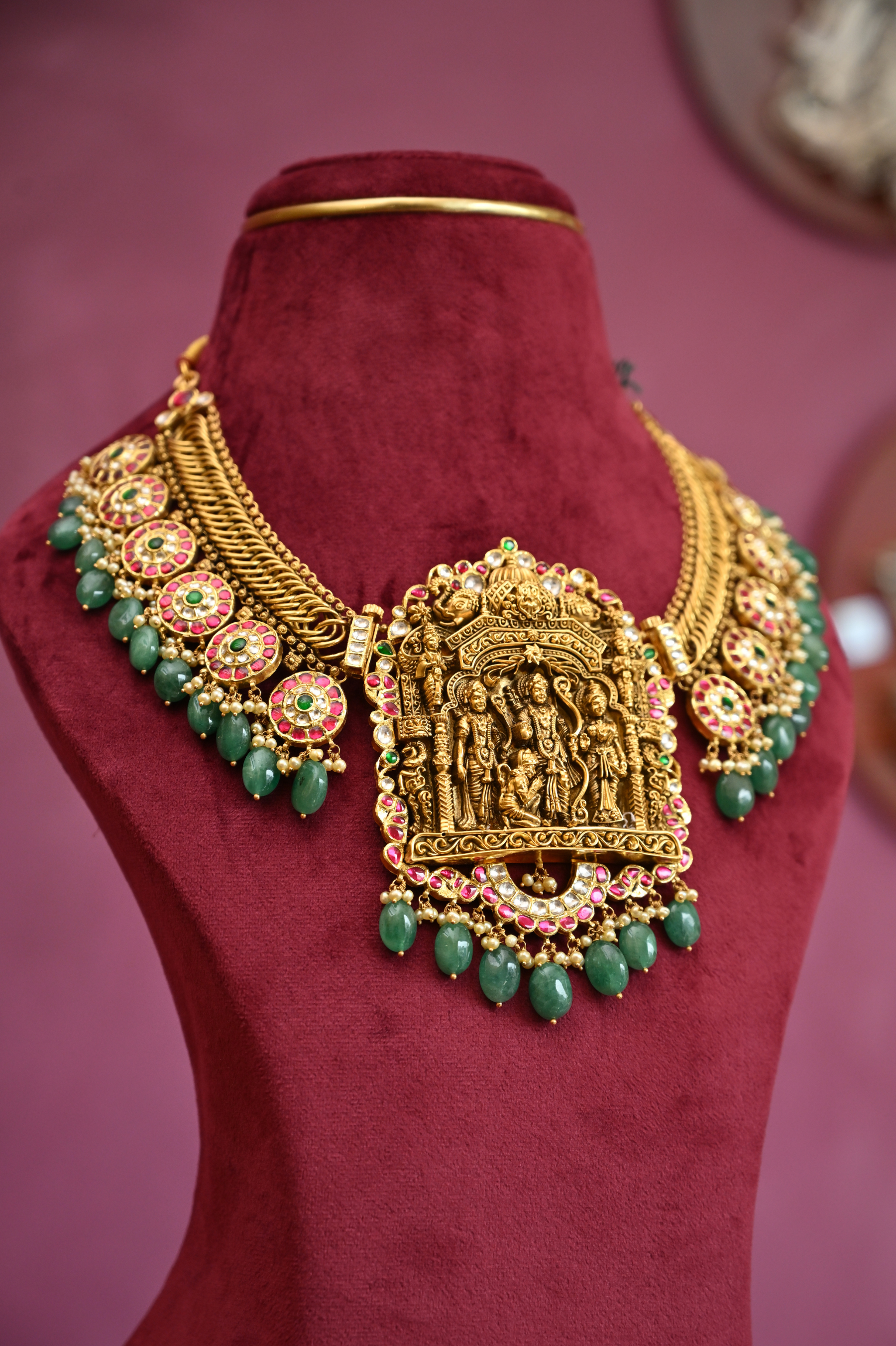 Ram Darbar Temple Necklace with Emerald Drops