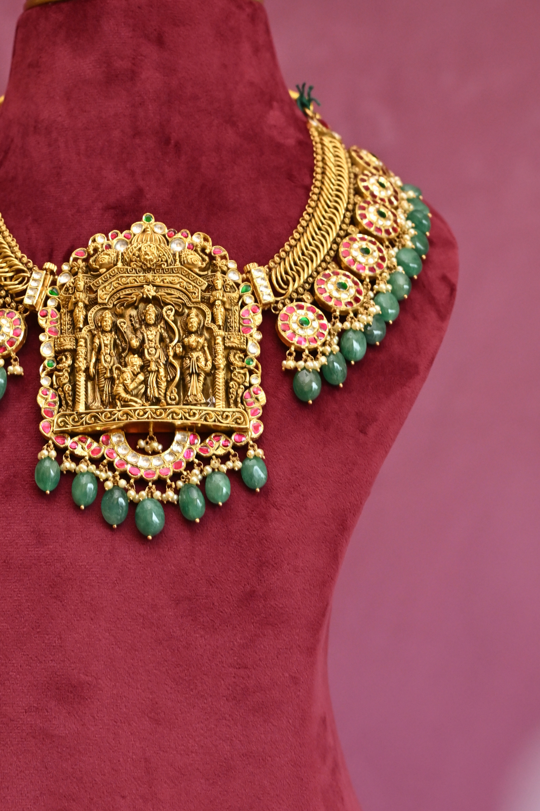 Ram Darbar Temple Necklace with Emerald Drops