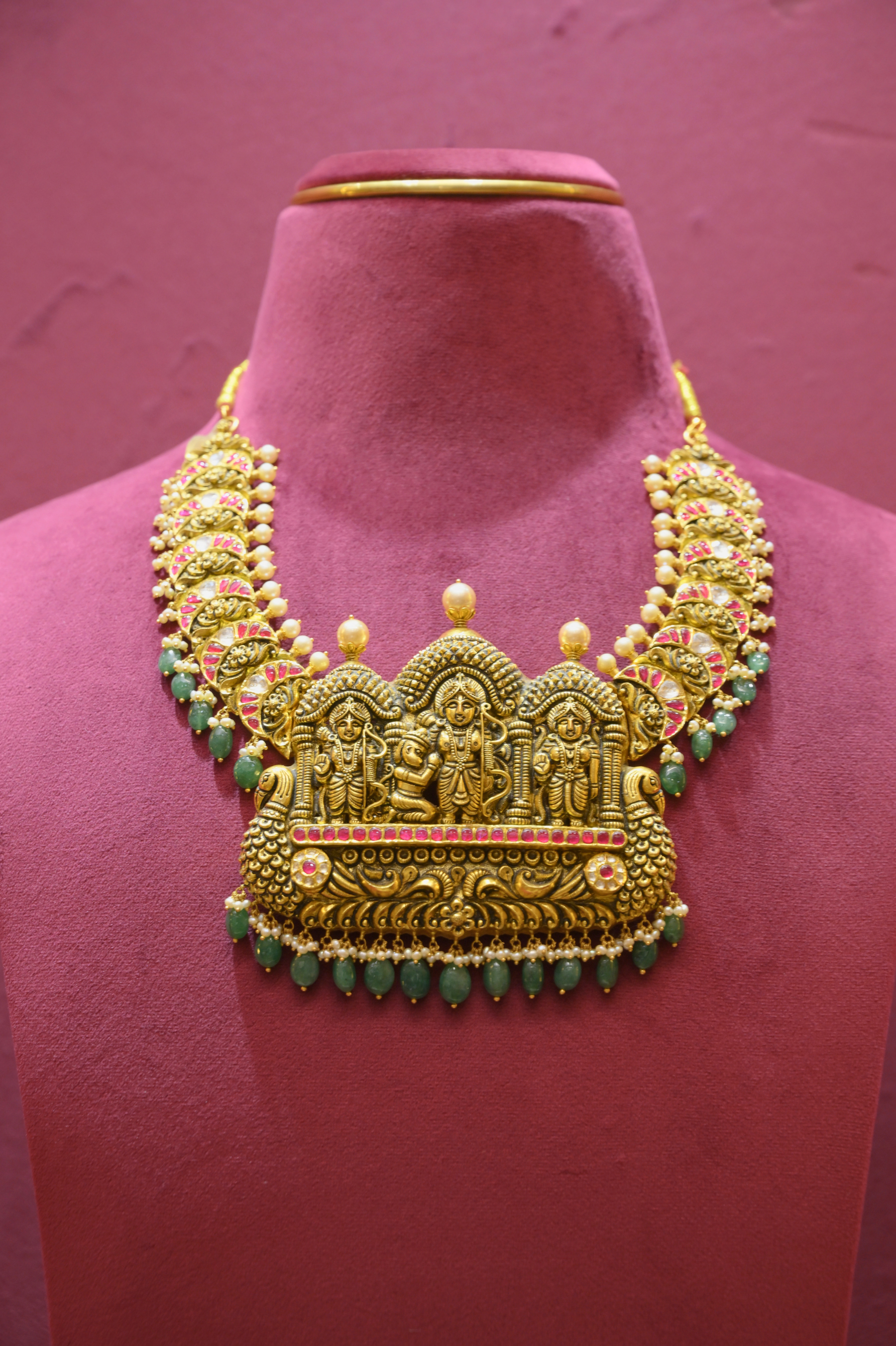 Sri Rama Pattabhishekam Temple Necklace with Emerald Drops