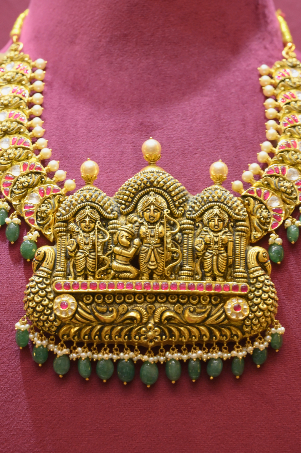 Sri Rama Pattabhishekam Temple Necklace with Emerald Drops