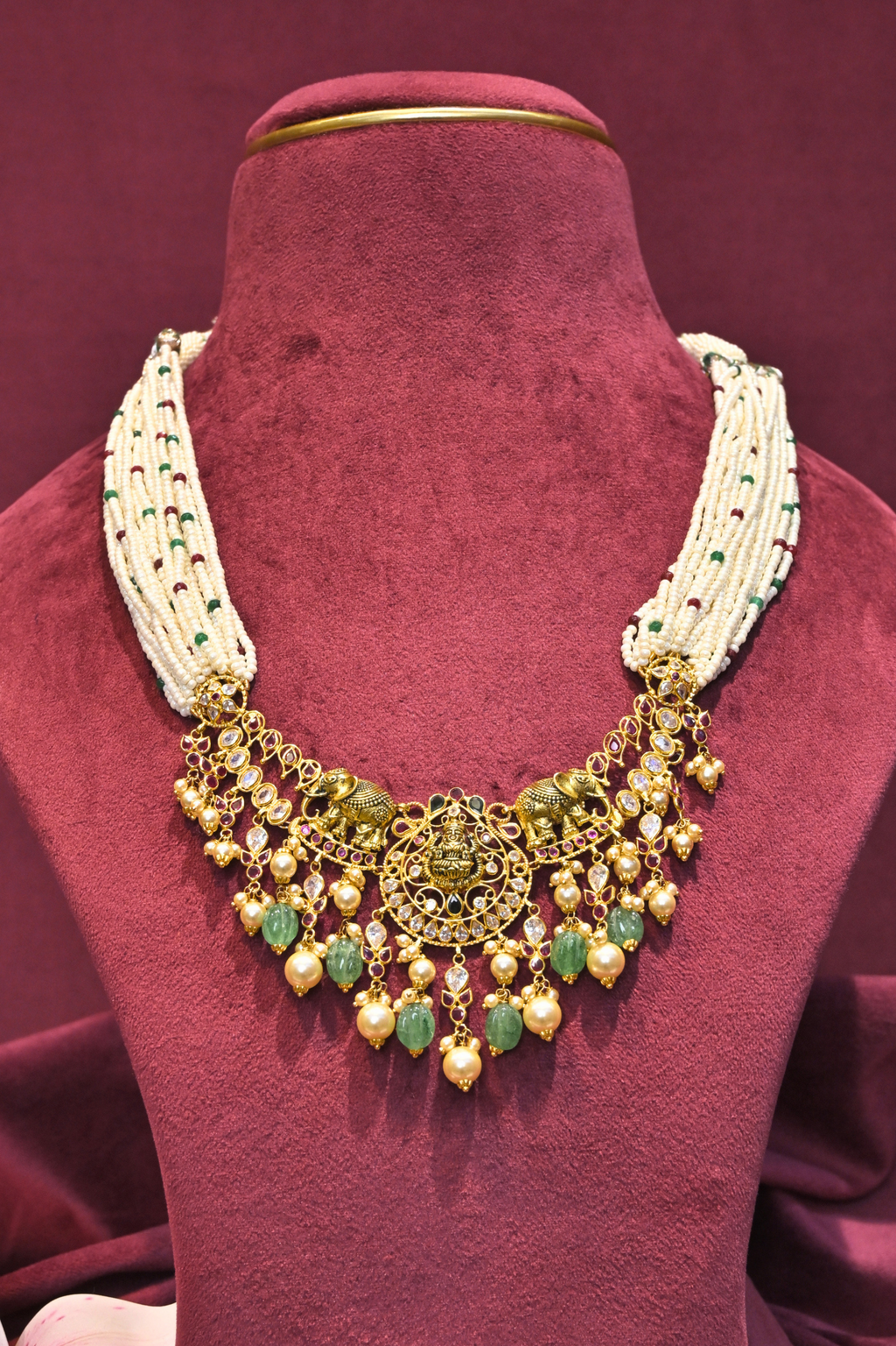 Lakshmi Pearl Multi-Strand Kundan Necklace with Emerald Drops