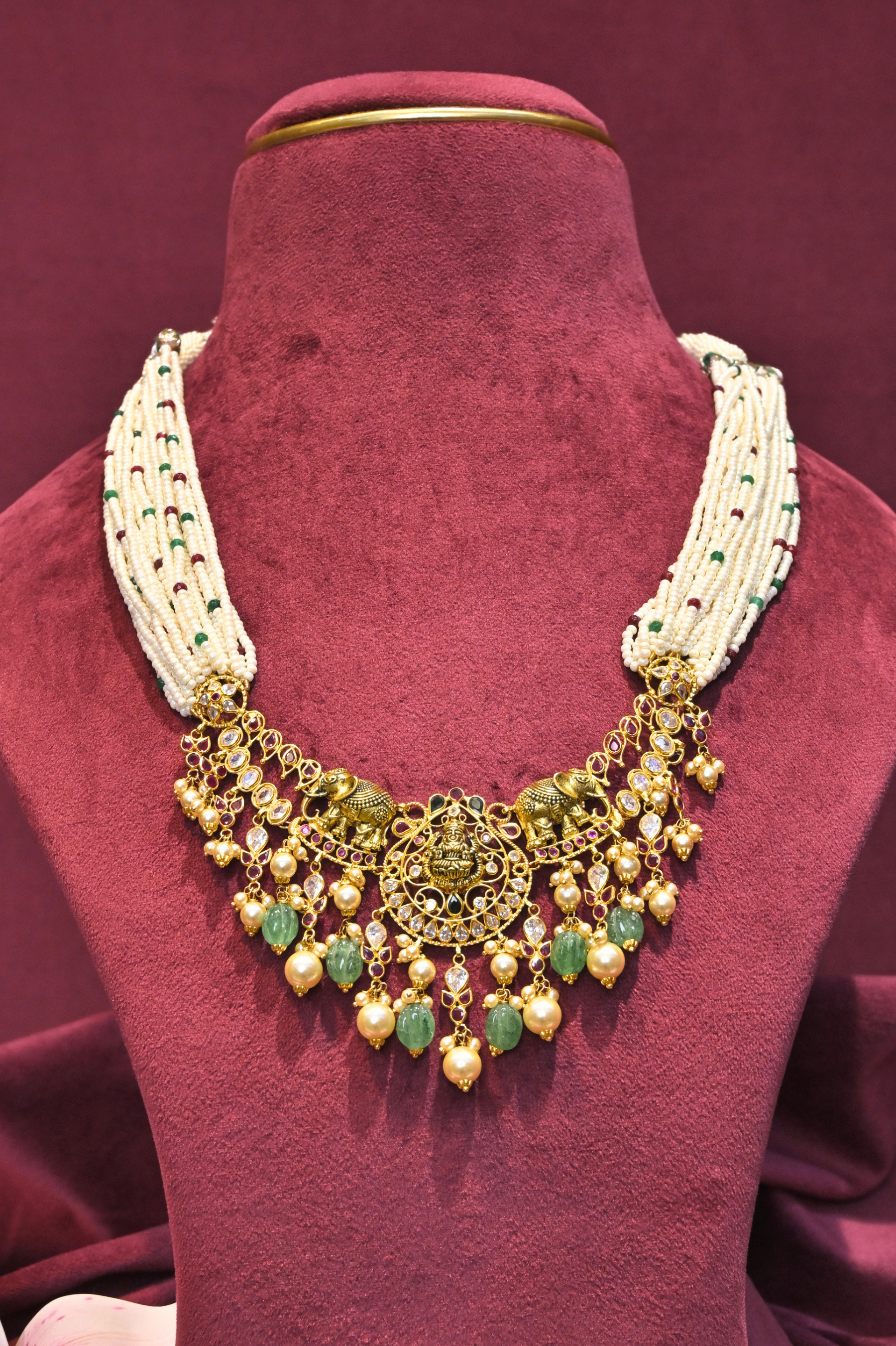 Lakshmi Pearl Multi-Strand Kundan Necklace with Emerald Drops