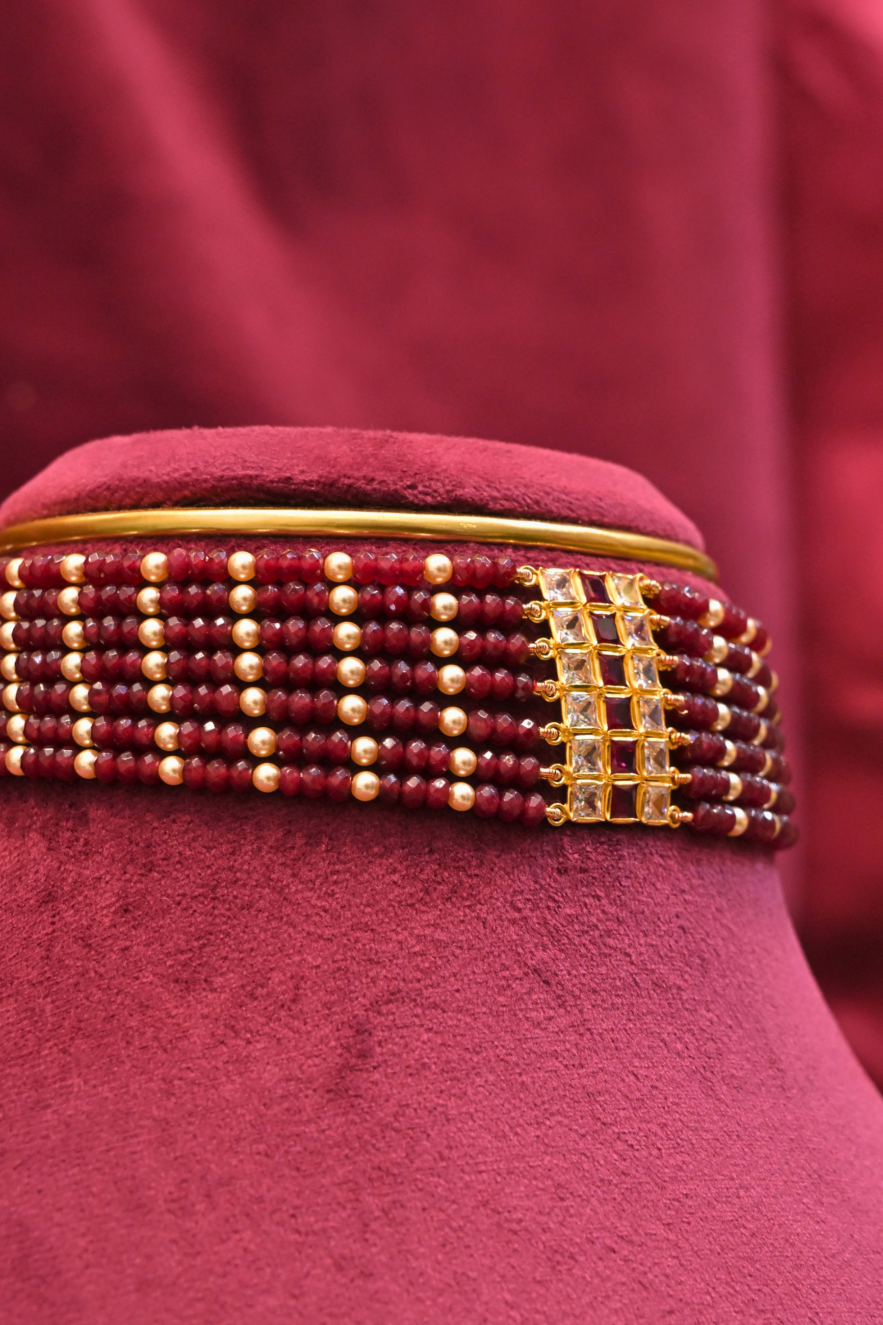 Ruby Red Beaded Choker with Polki-Inspired Centerpiece