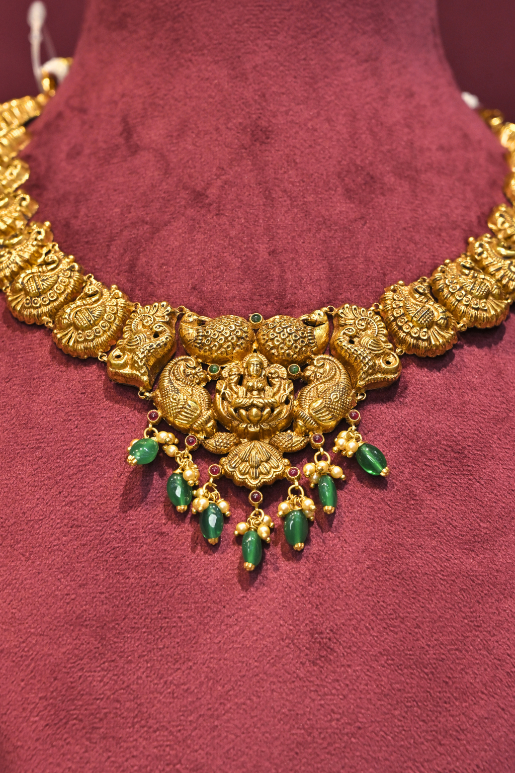 Lakshmi Peacock Temple Choker Necklace with Emerald Drop Accents