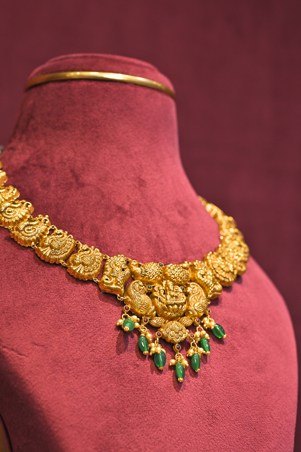 Lakshmi Peacock Temple Choker Necklace with Emerald Drop Accents
