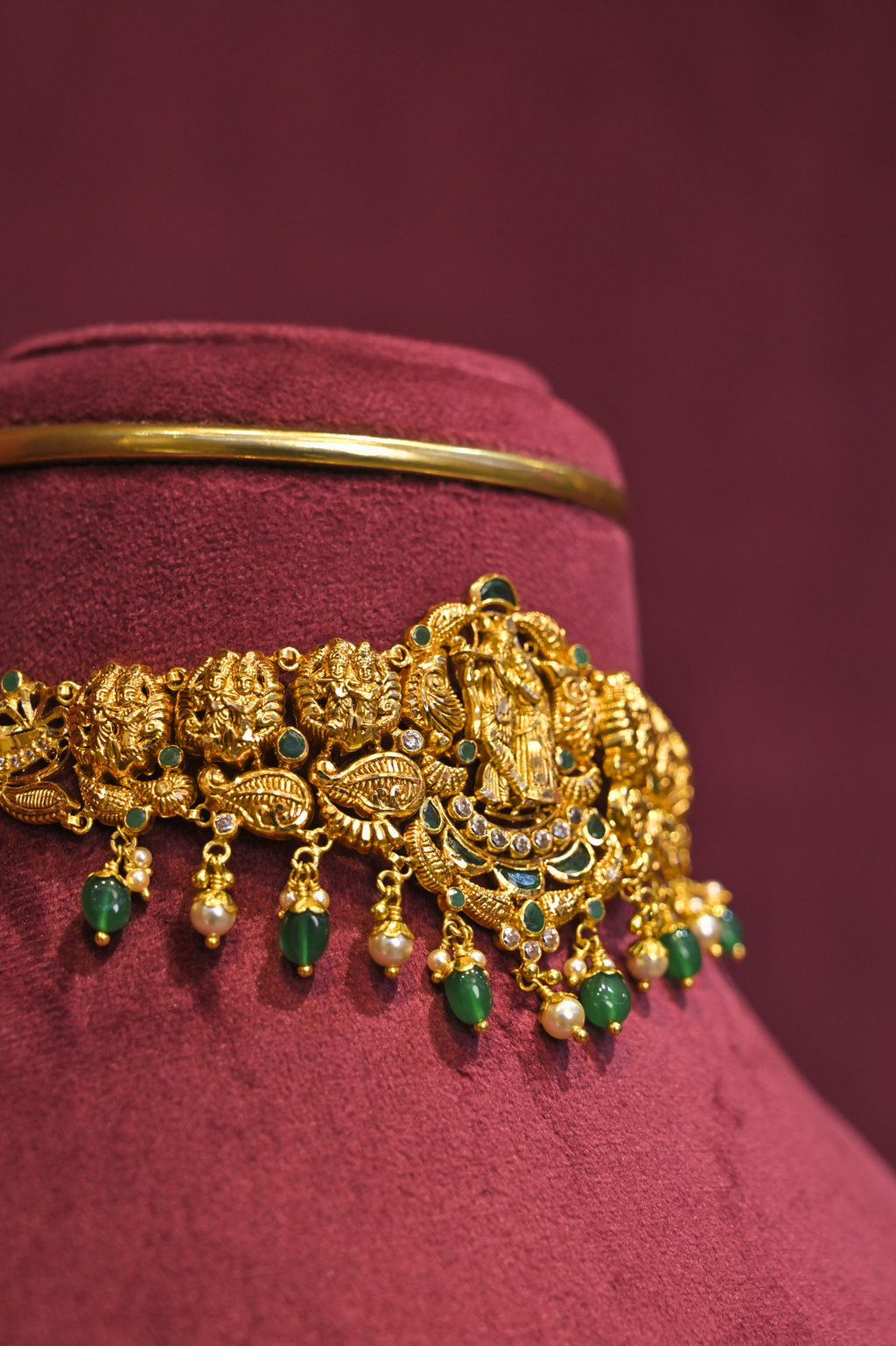 Radha Krishna Temple Choker Necklace with Emerald Bead Drops