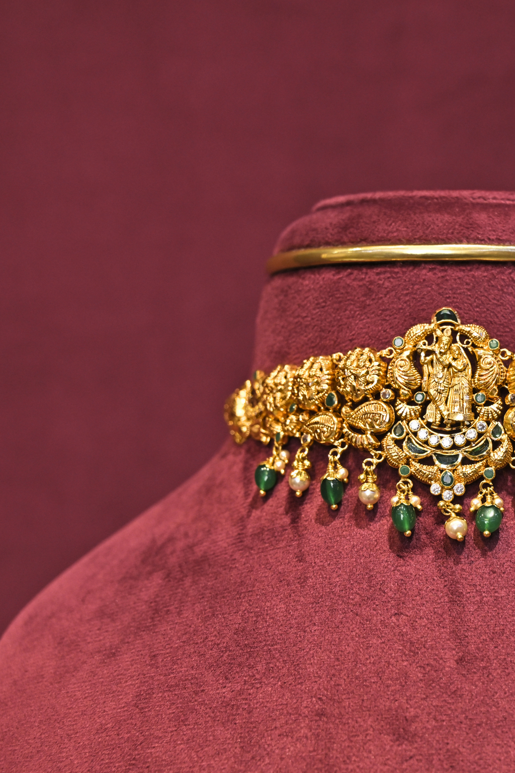 Radha Krishna Temple Choker Necklace with Emerald Bead Drops