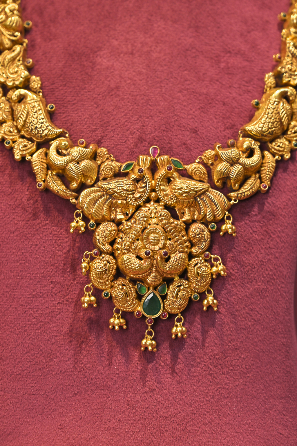 Peacock Heritage Temple Haram Necklace with Grand Floral Pendant
