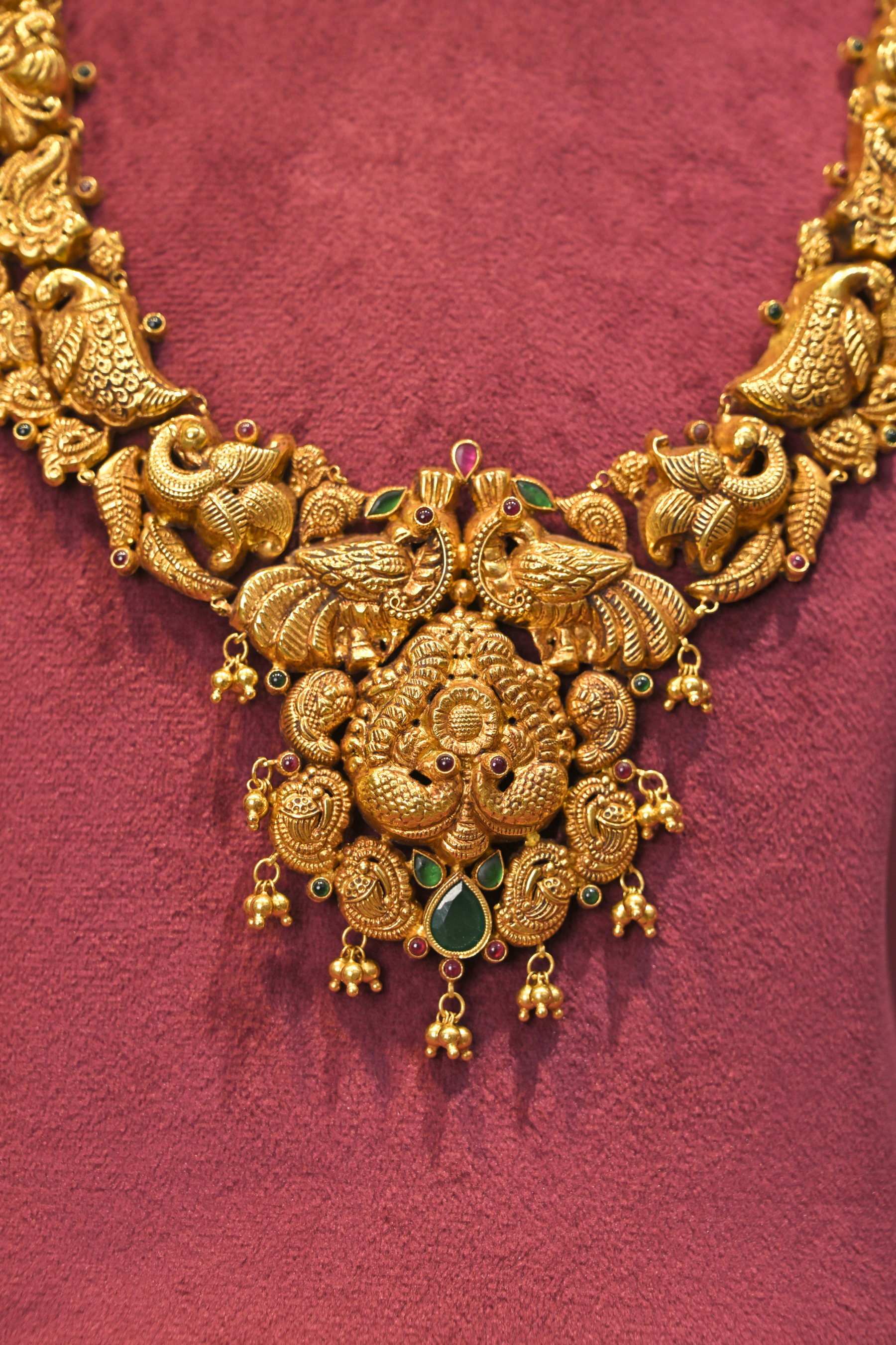 Peacock Heritage Temple Haram Necklace with Grand Floral Pendant