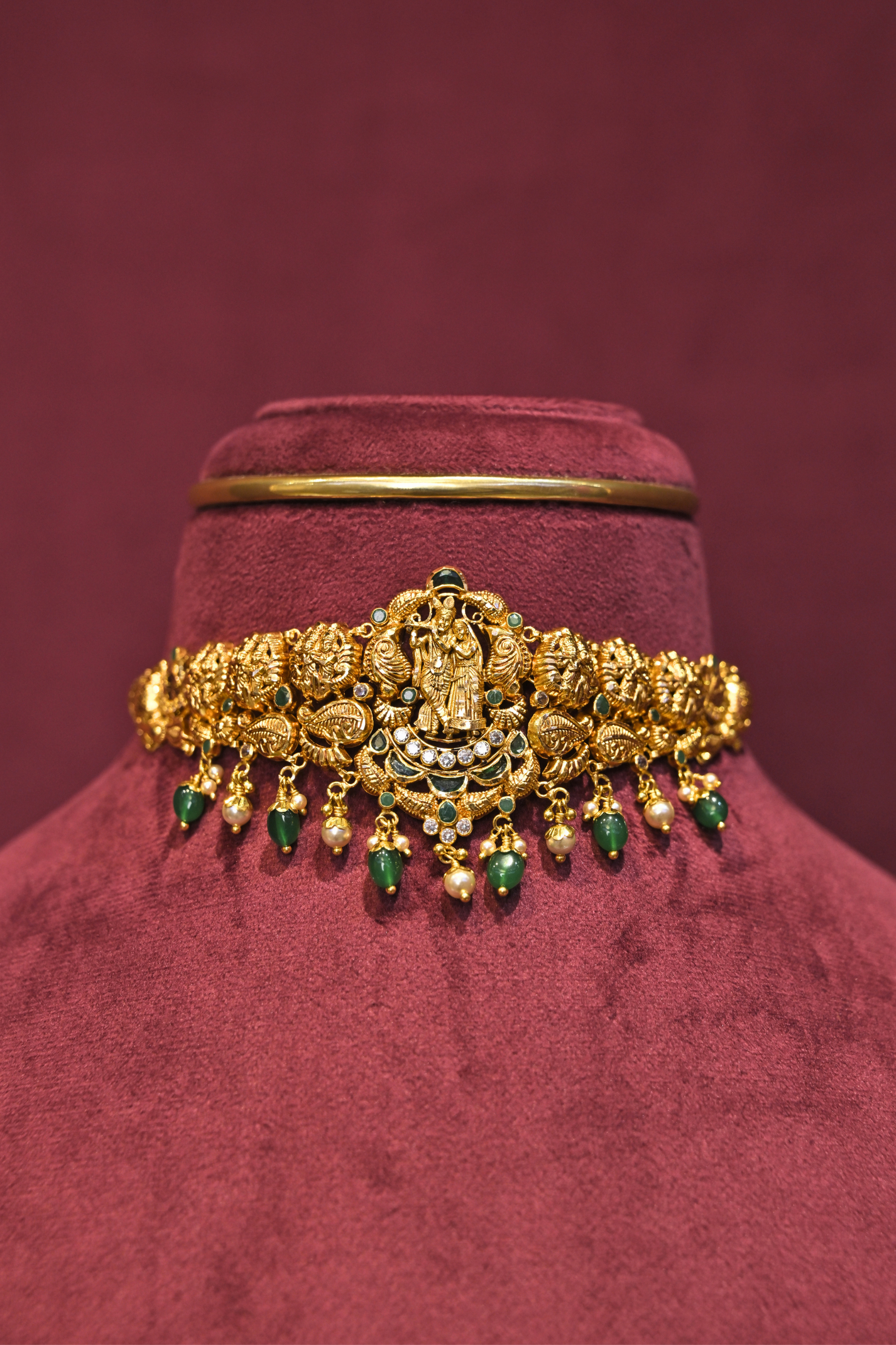 Radha Krishna Temple Choker Necklace with Emerald Bead Drops