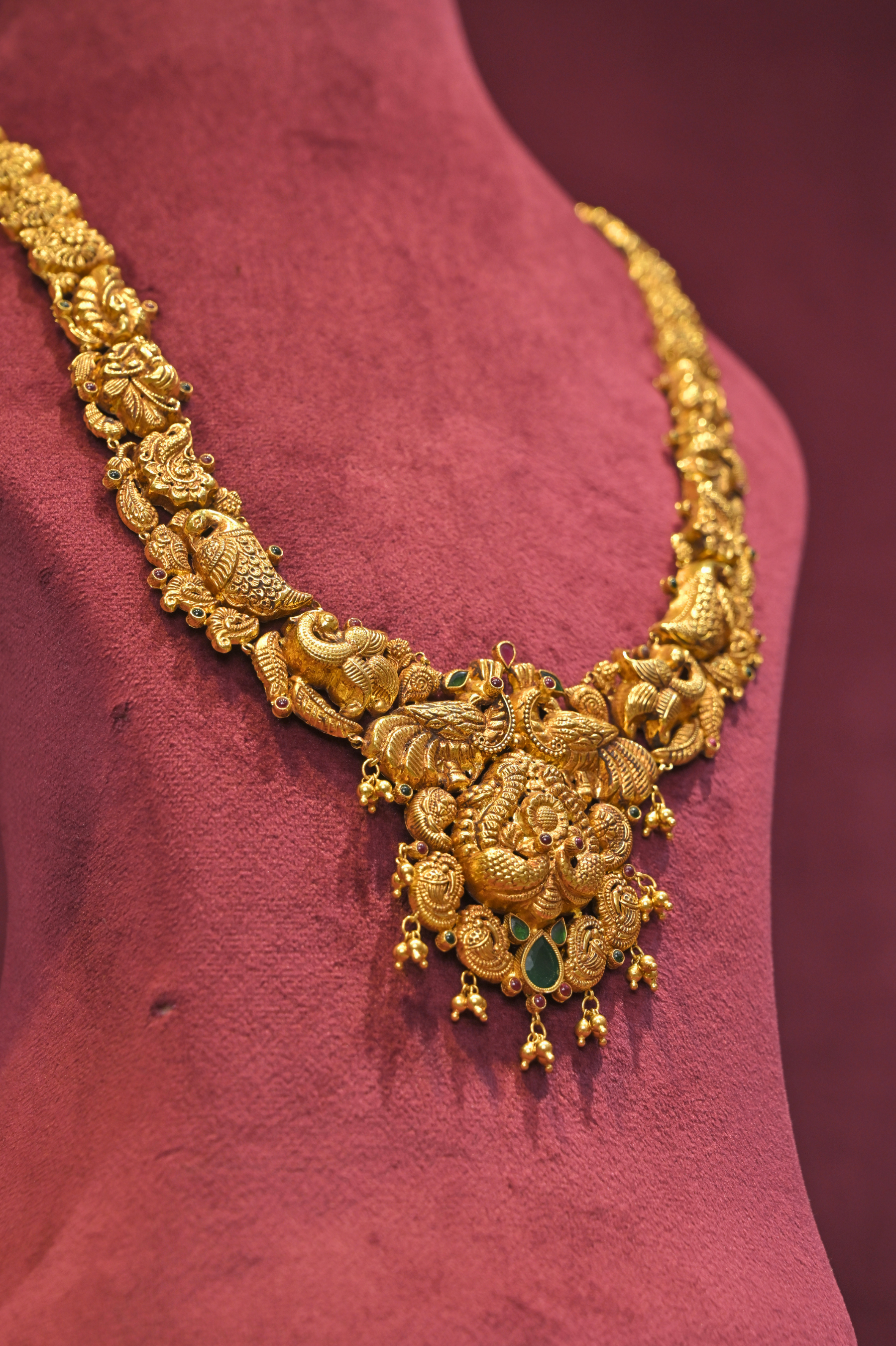 Peacock Heritage Temple Haram Necklace with Grand Floral Pendant