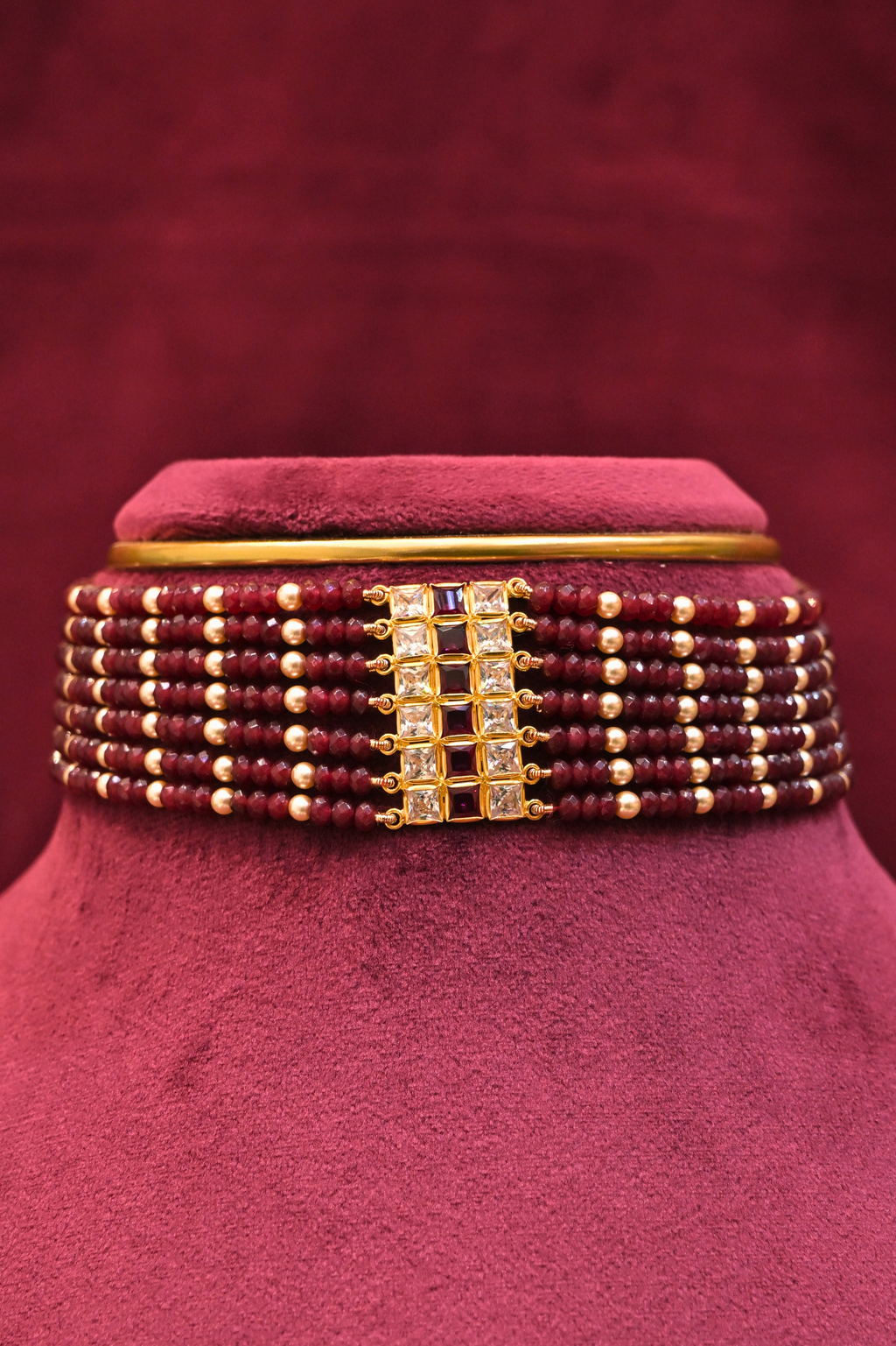 Ruby Red Beaded Choker with Polki-Inspired Centerpiece