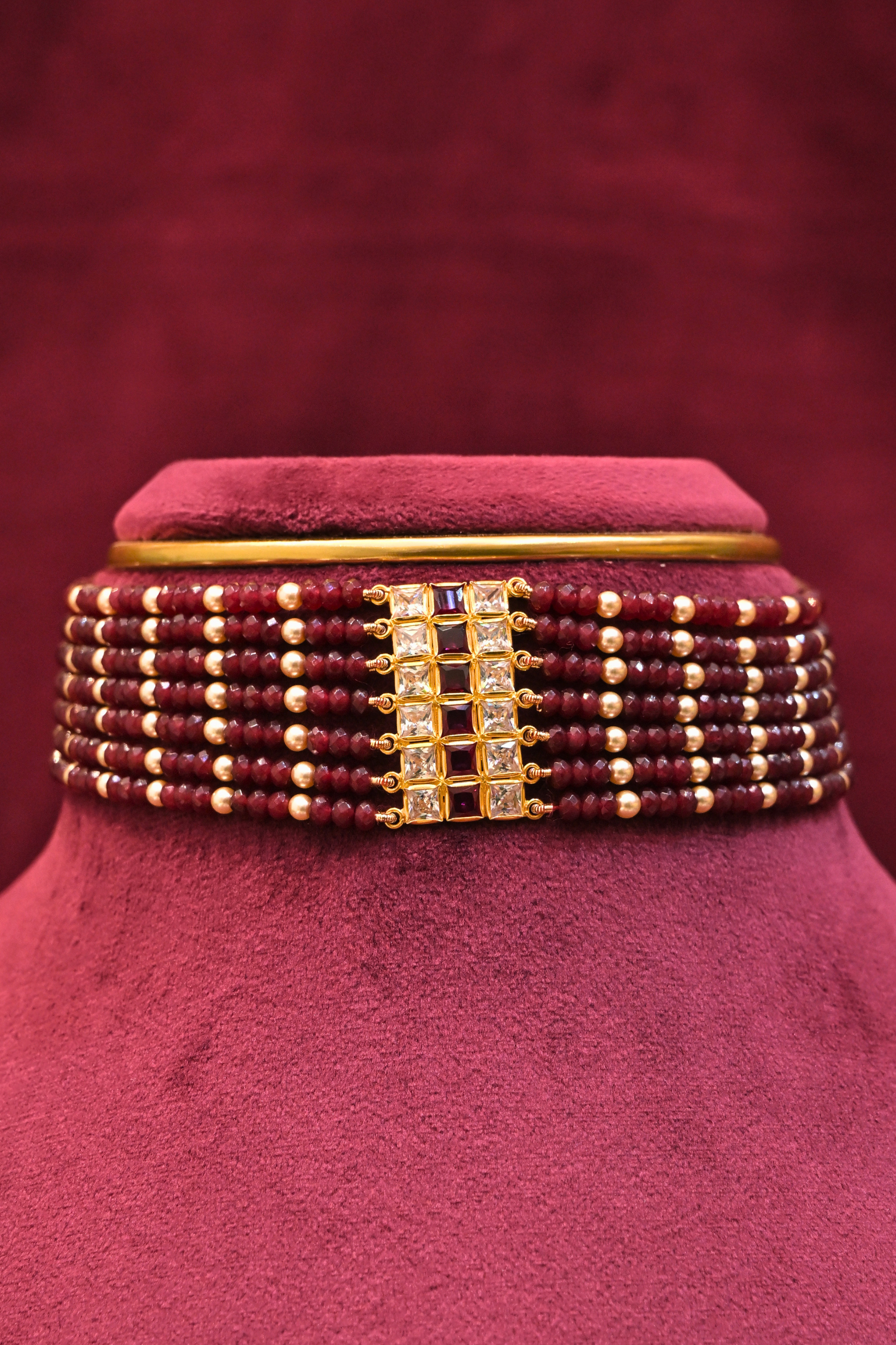 Ruby Red Beaded Choker with Polki-Inspired Centerpiece