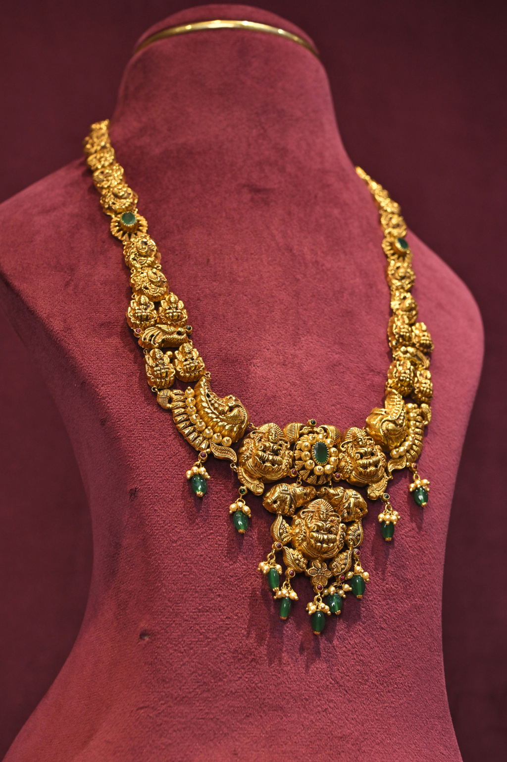 Lakshmi Temple Haram Necklace with Emerald Drop Accents