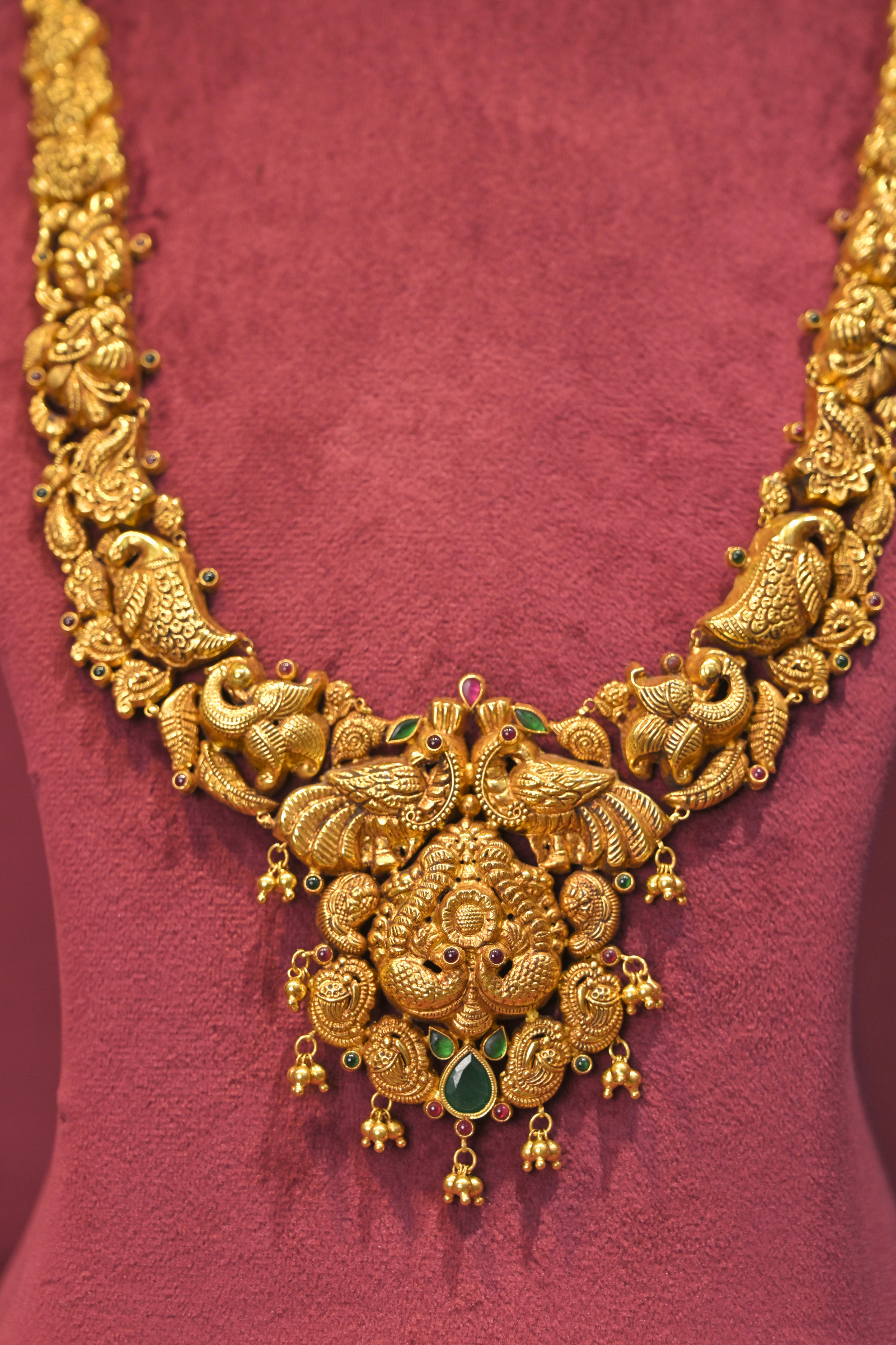 Peacock Heritage Temple Haram Necklace with Grand Floral Pendant