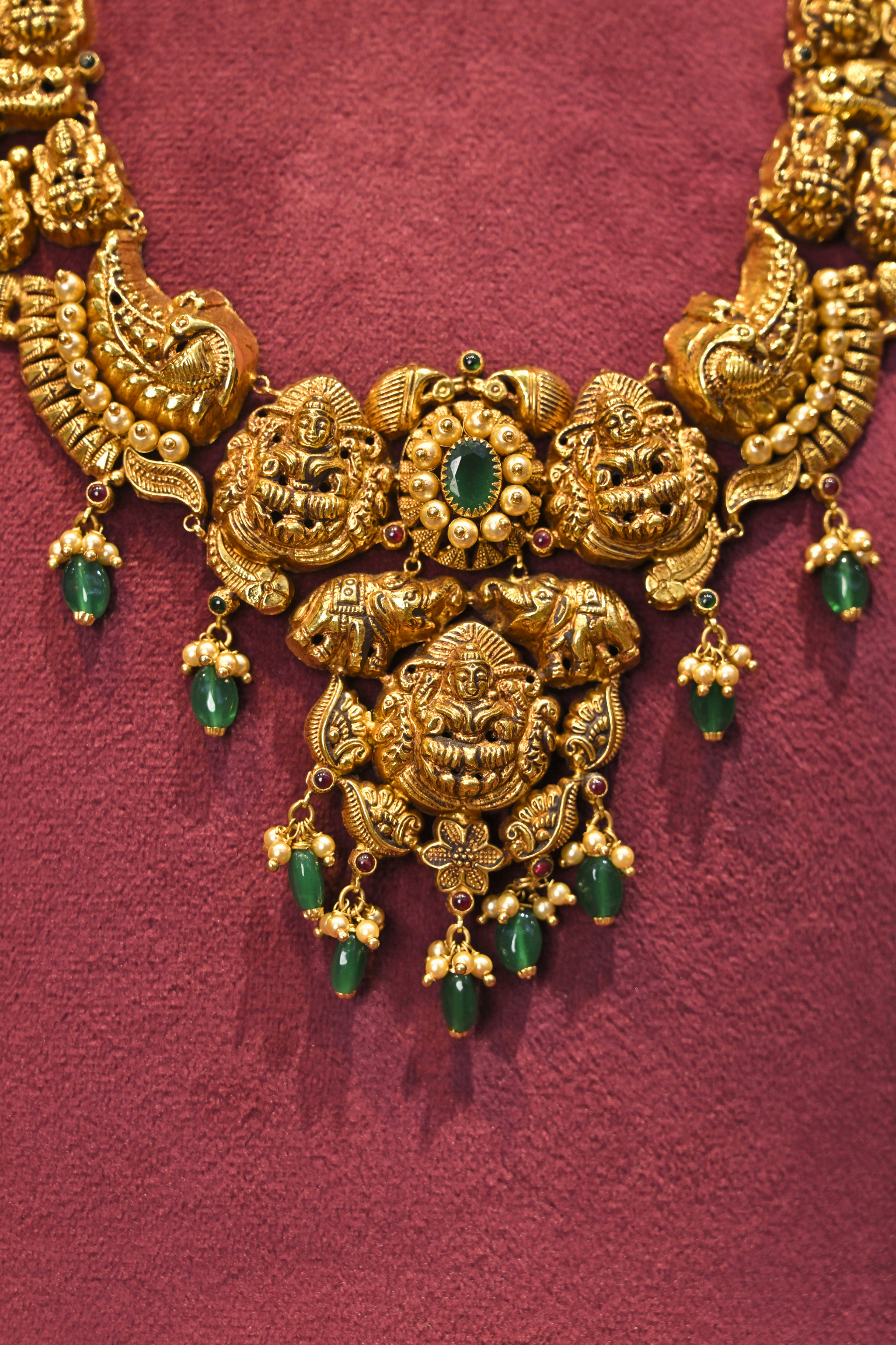 Lakshmi Temple Haram Necklace with Emerald Drop Accents