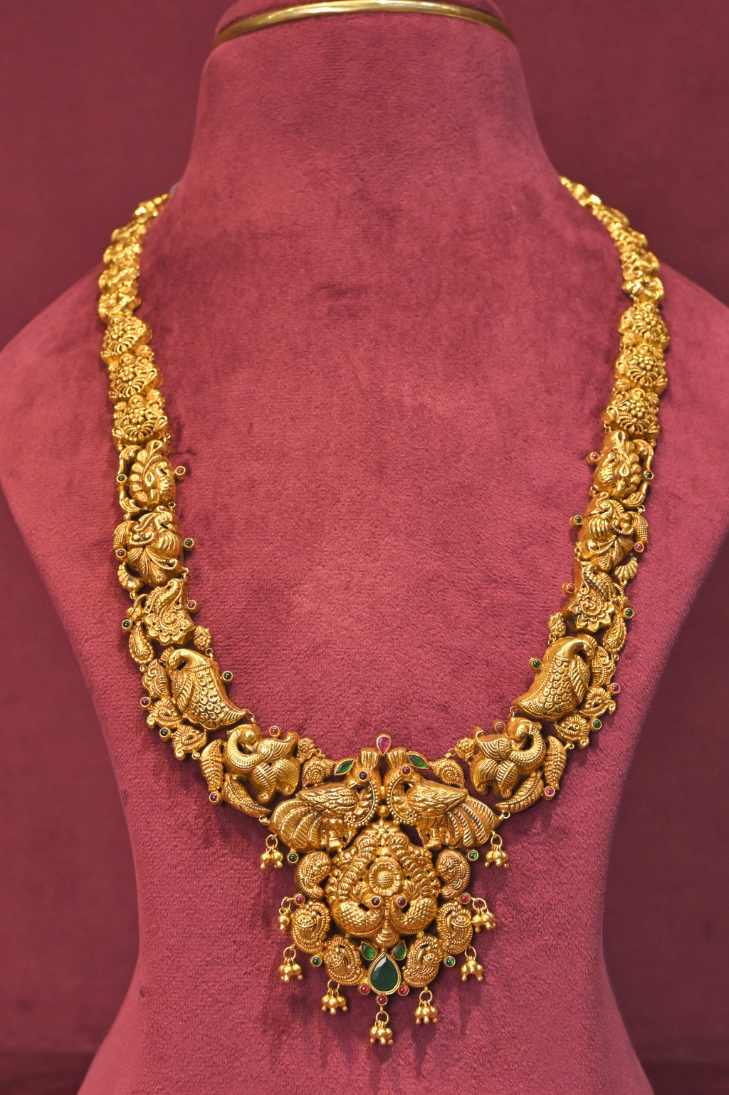 Peacock Heritage Temple Haram Necklace with Grand Floral Pendant