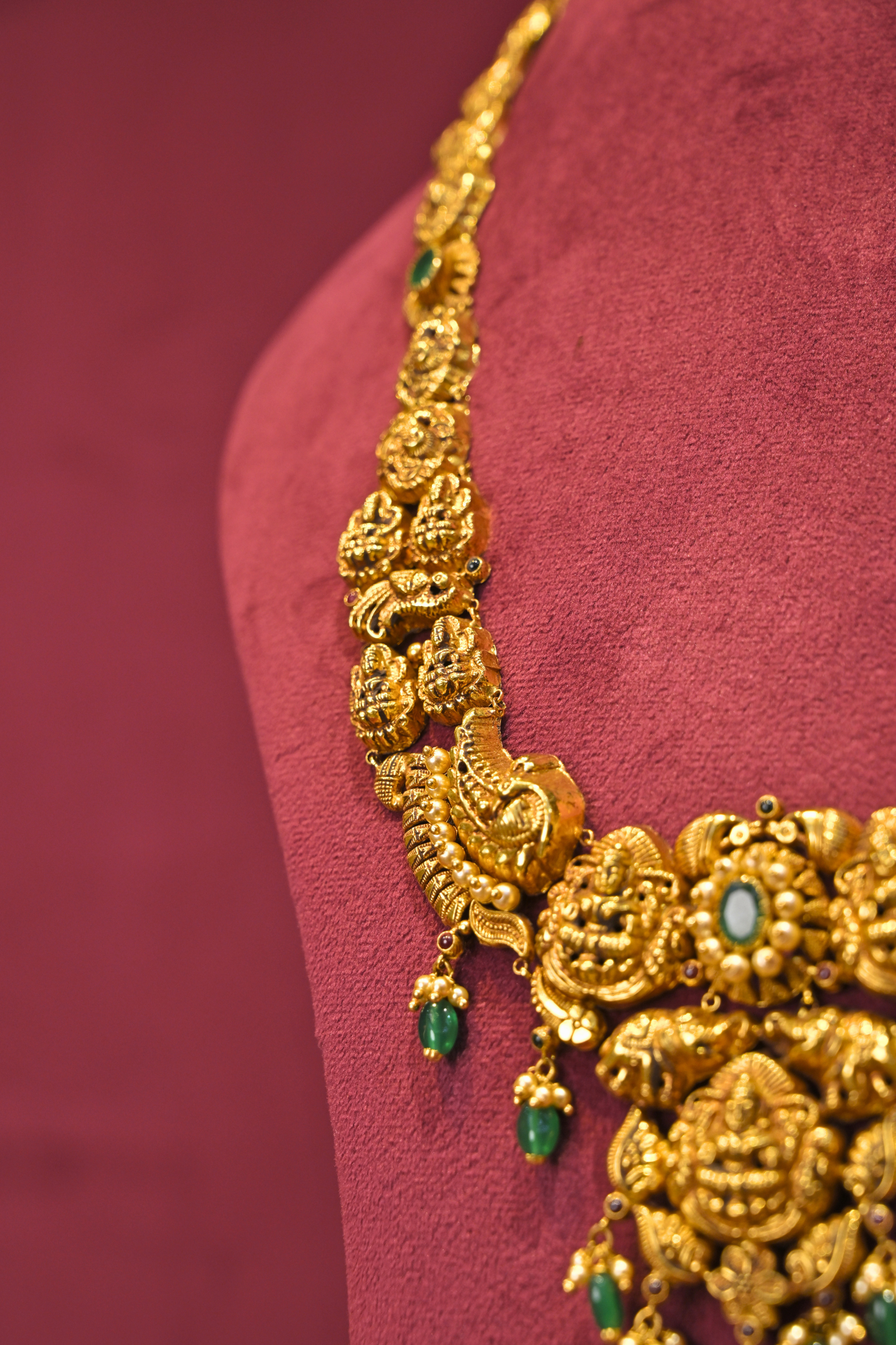 Lakshmi Temple Haram Necklace with Emerald Drop Accents