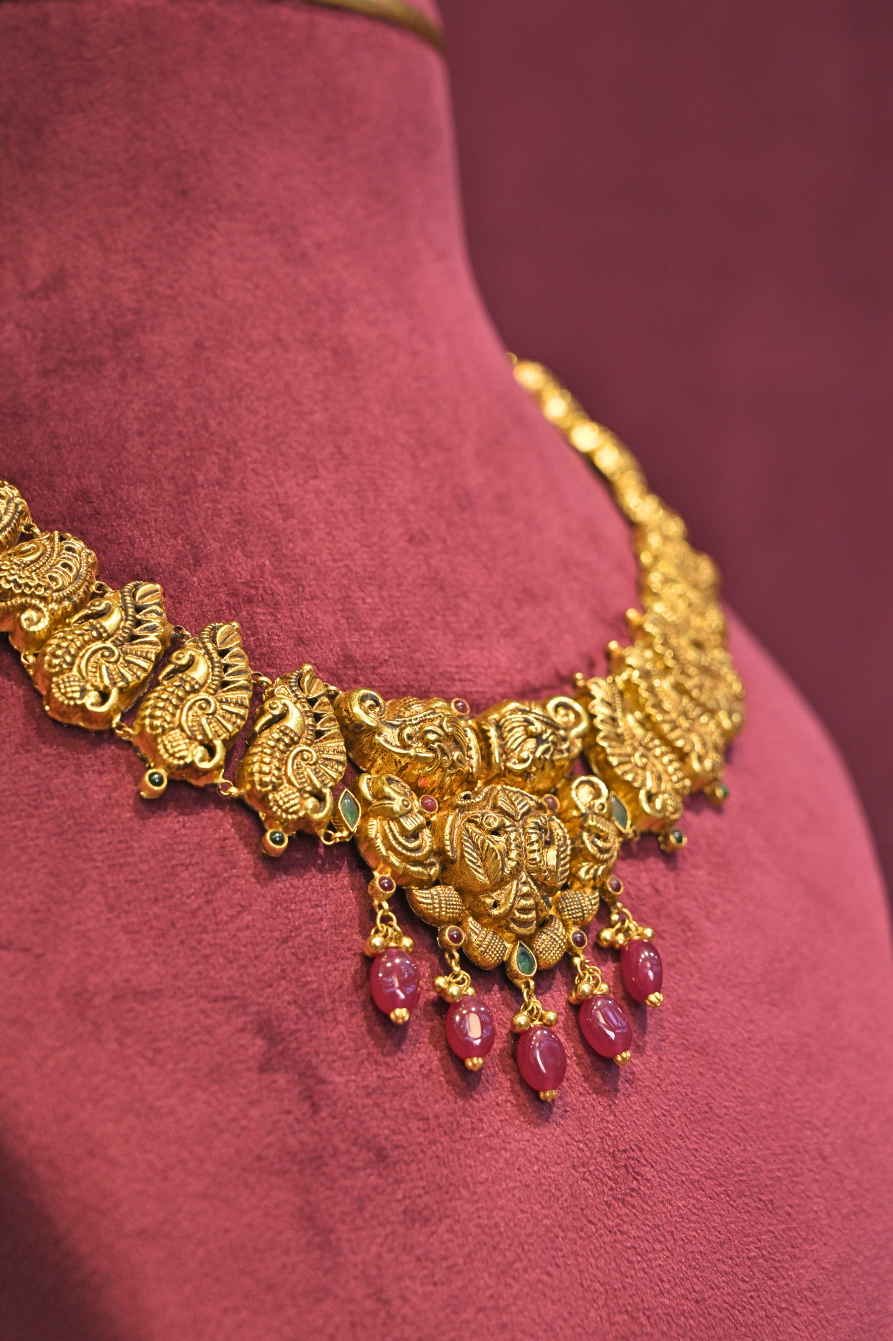 Peacock Temple Choker Necklace with Ruby Drop Accents