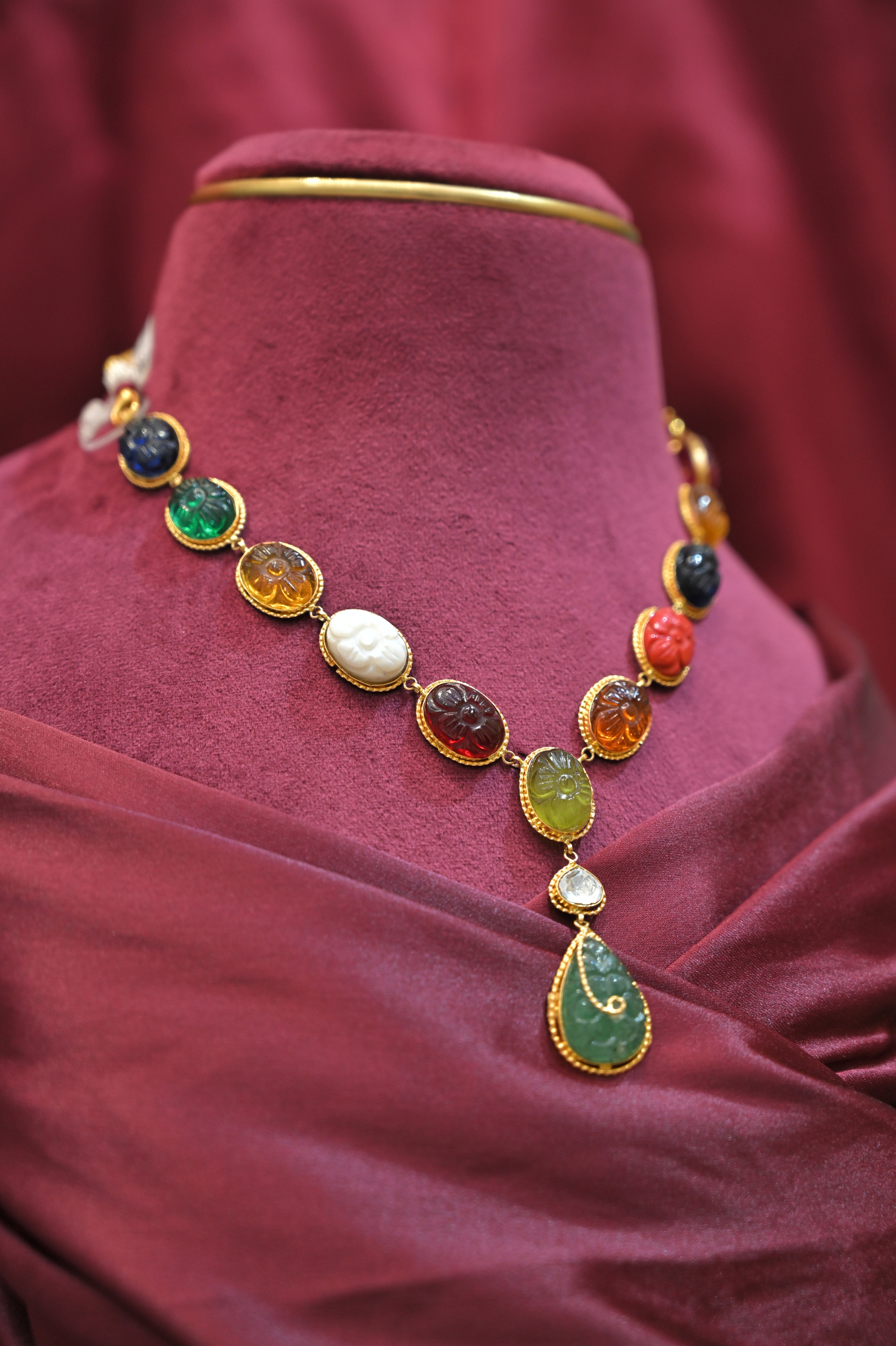 Multicolor Floral Motif Statement Necklace with Green Drop Pendant