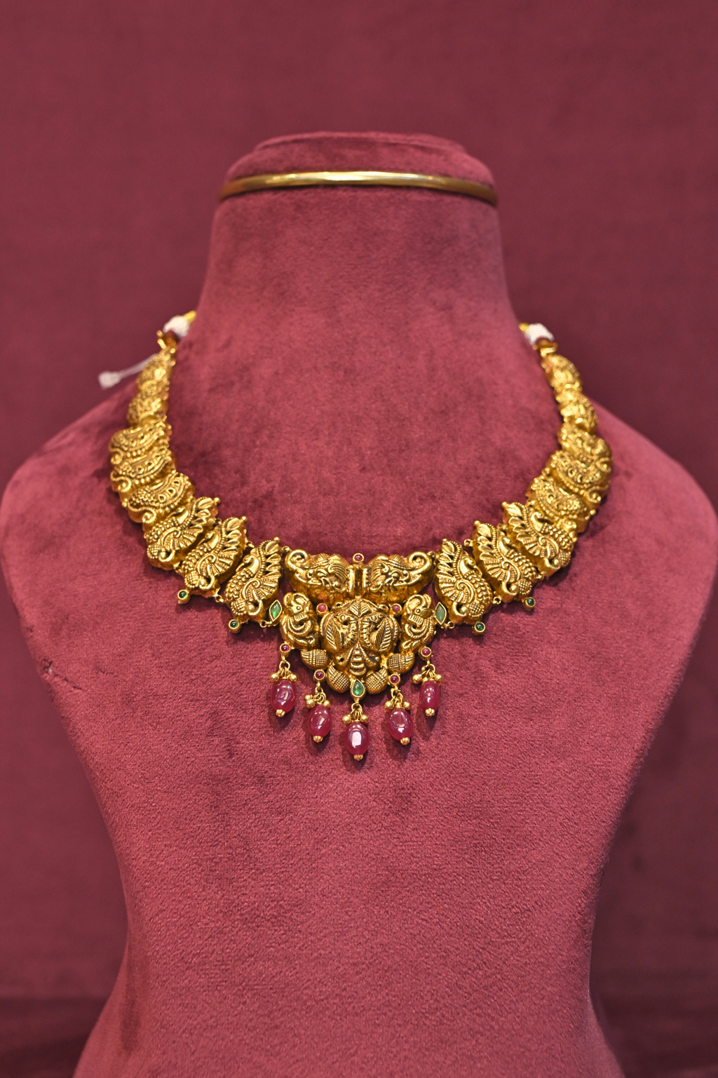 Peacock Temple Choker Necklace with Ruby Drop Accents