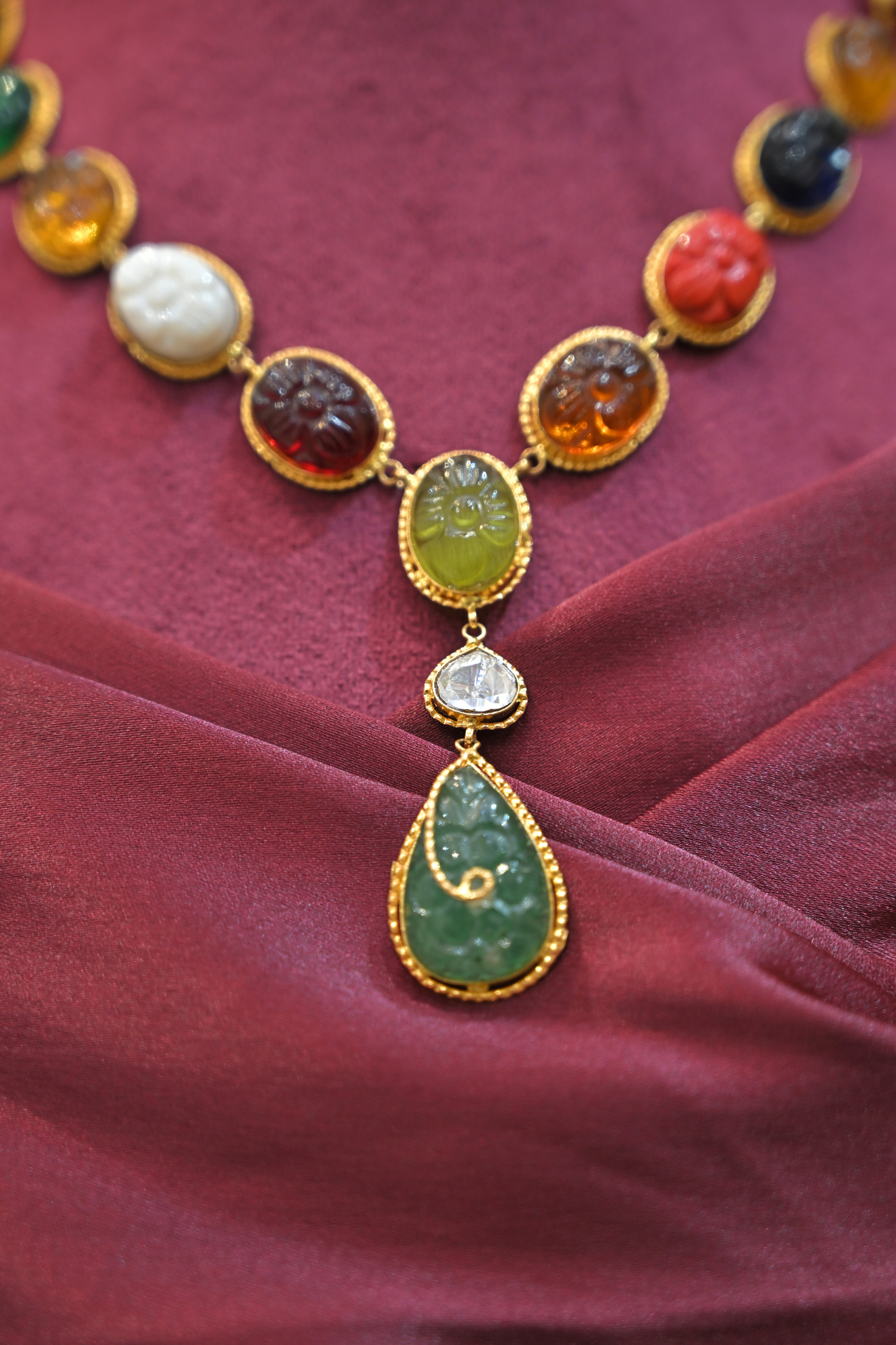 Multicolor Floral Motif Statement Necklace with Green Drop Pendant