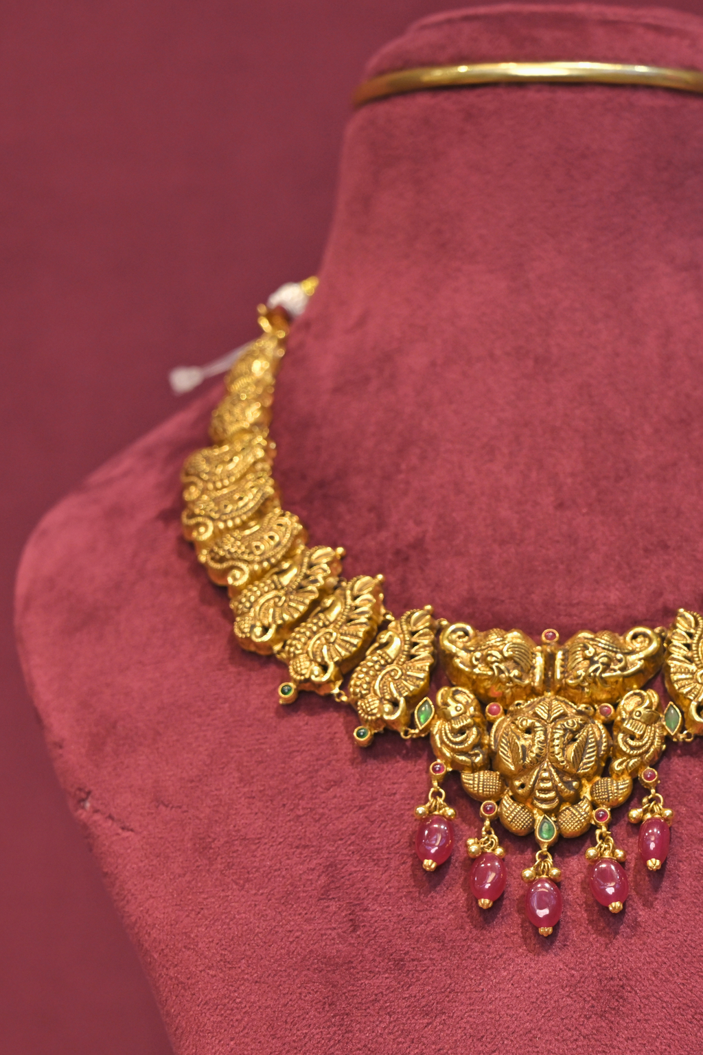 Peacock Temple Choker Necklace with Ruby Drop Accents